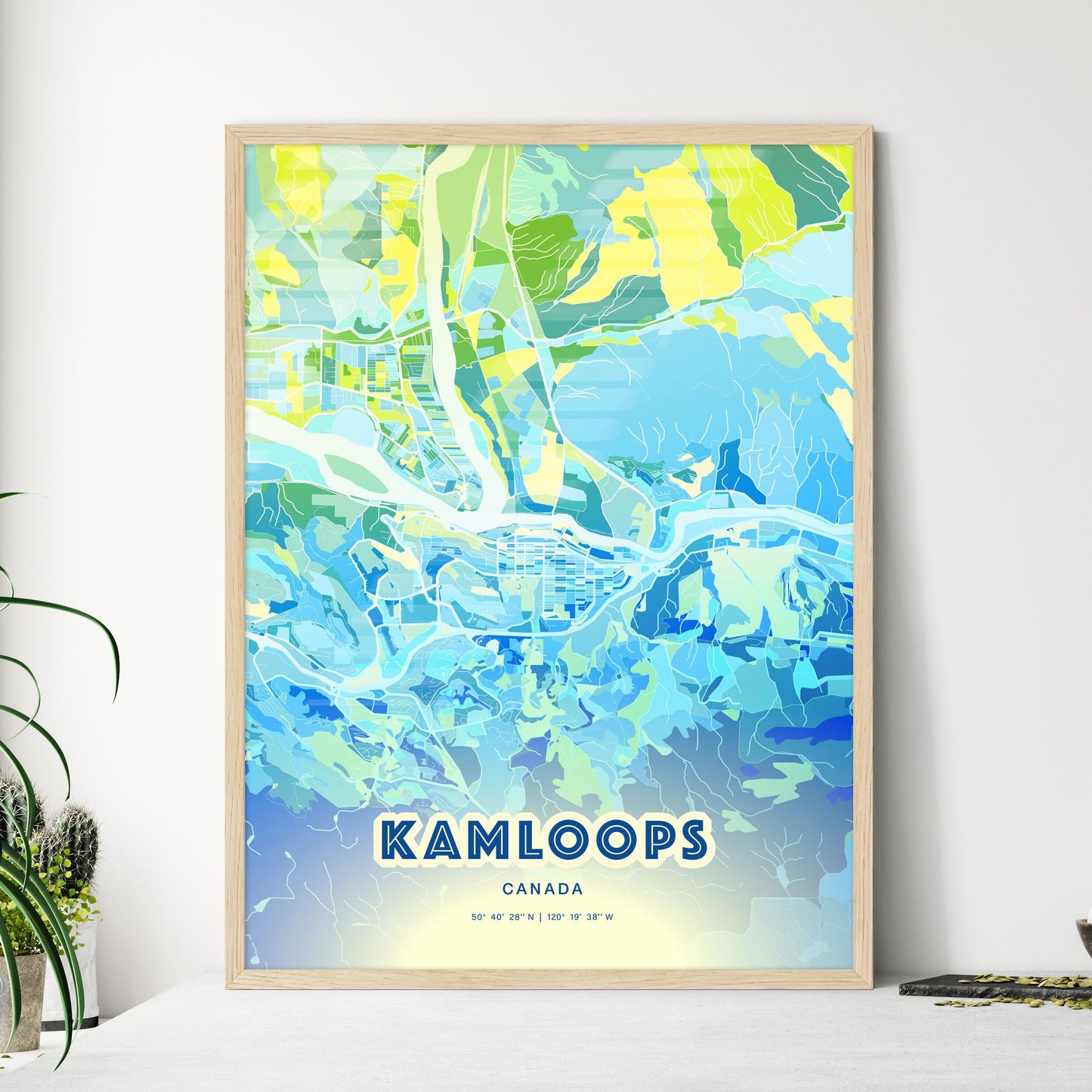 Colorful KAMLOOPS CANADA Fine Art Map Cool Blue