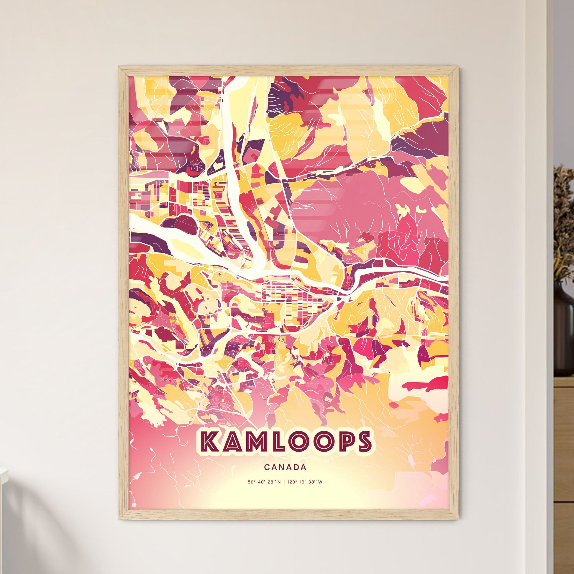 Colorful KAMLOOPS CANADA Fine Art Map Hot Red