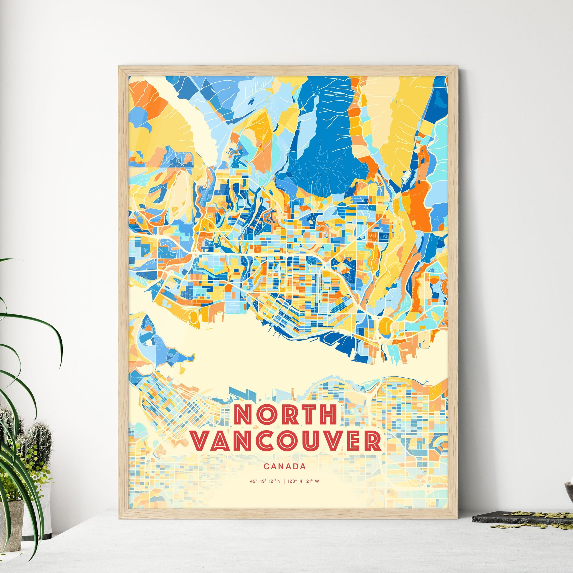 Colorful North Vancouver Canada Fine Art Map Blue Orange