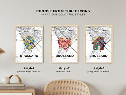 BROSSARD CANADA minimal art map with a colorful icon. Where it all began, Couple map gift.