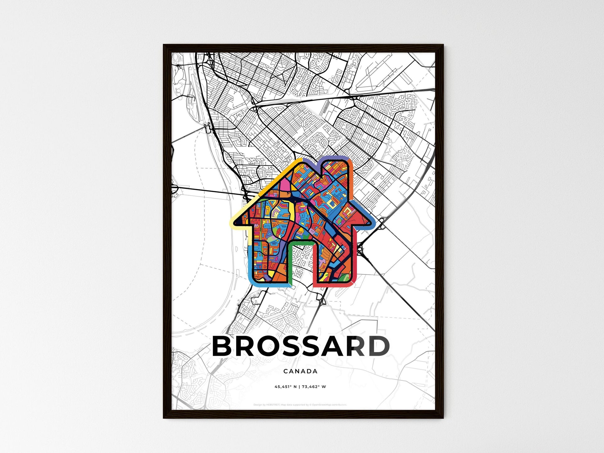 BROSSARD CANADA minimal art map with a colorful icon. Where it all began, Couple map gift. Style 3