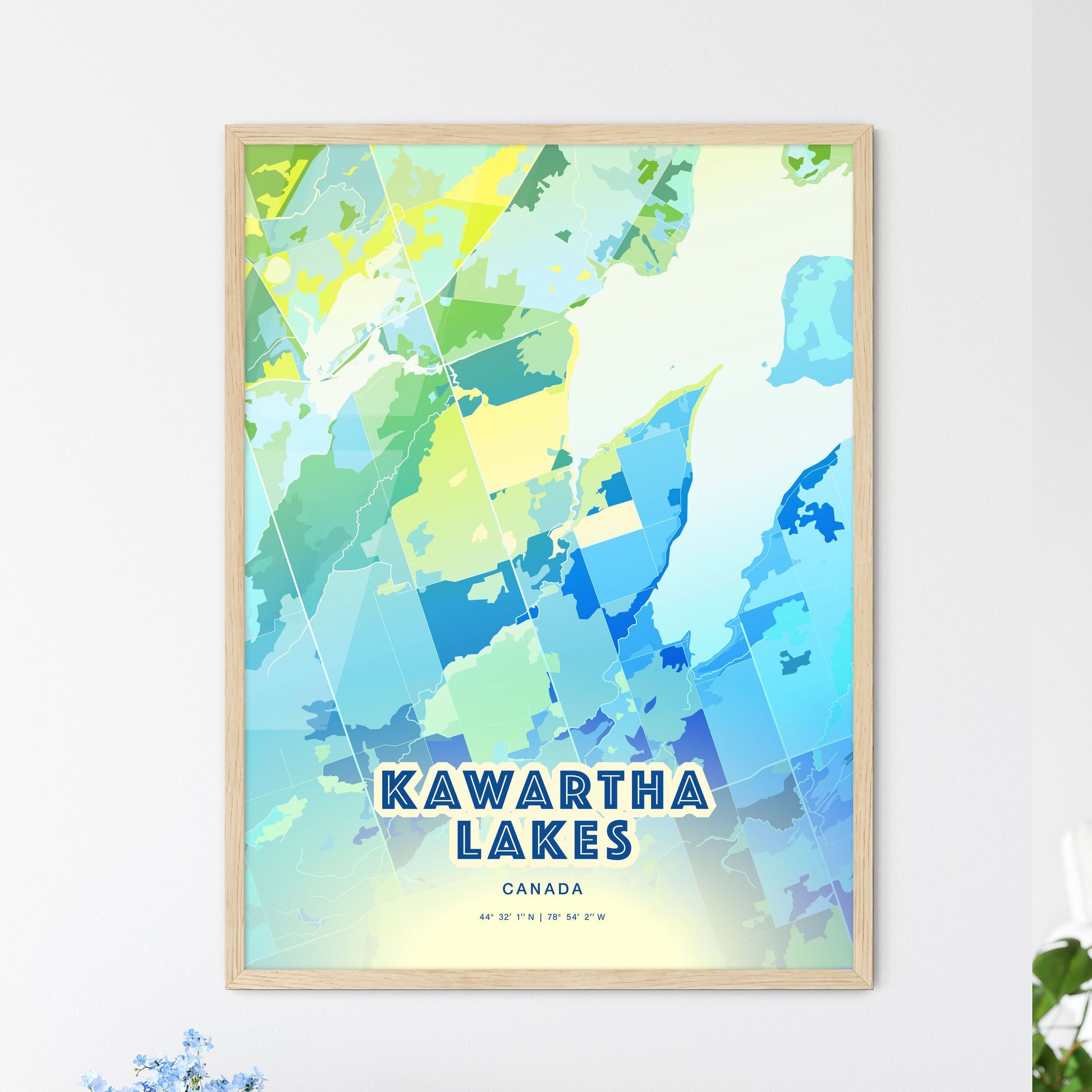 Colorful KAWARTHA LAKES CANADA Fine Art Map Cool Blue