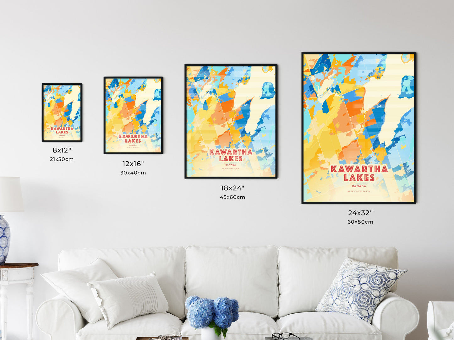 Colorful KAWARTHA LAKES CANADA Fine Art Map Blue Orange