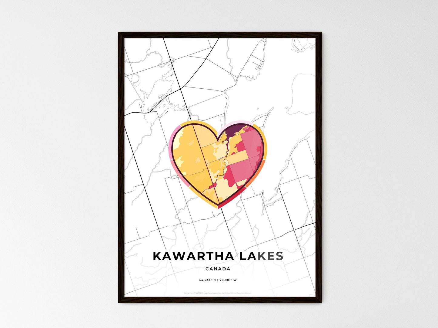 Kawartha Lakes Canada wedding art map with heart icon