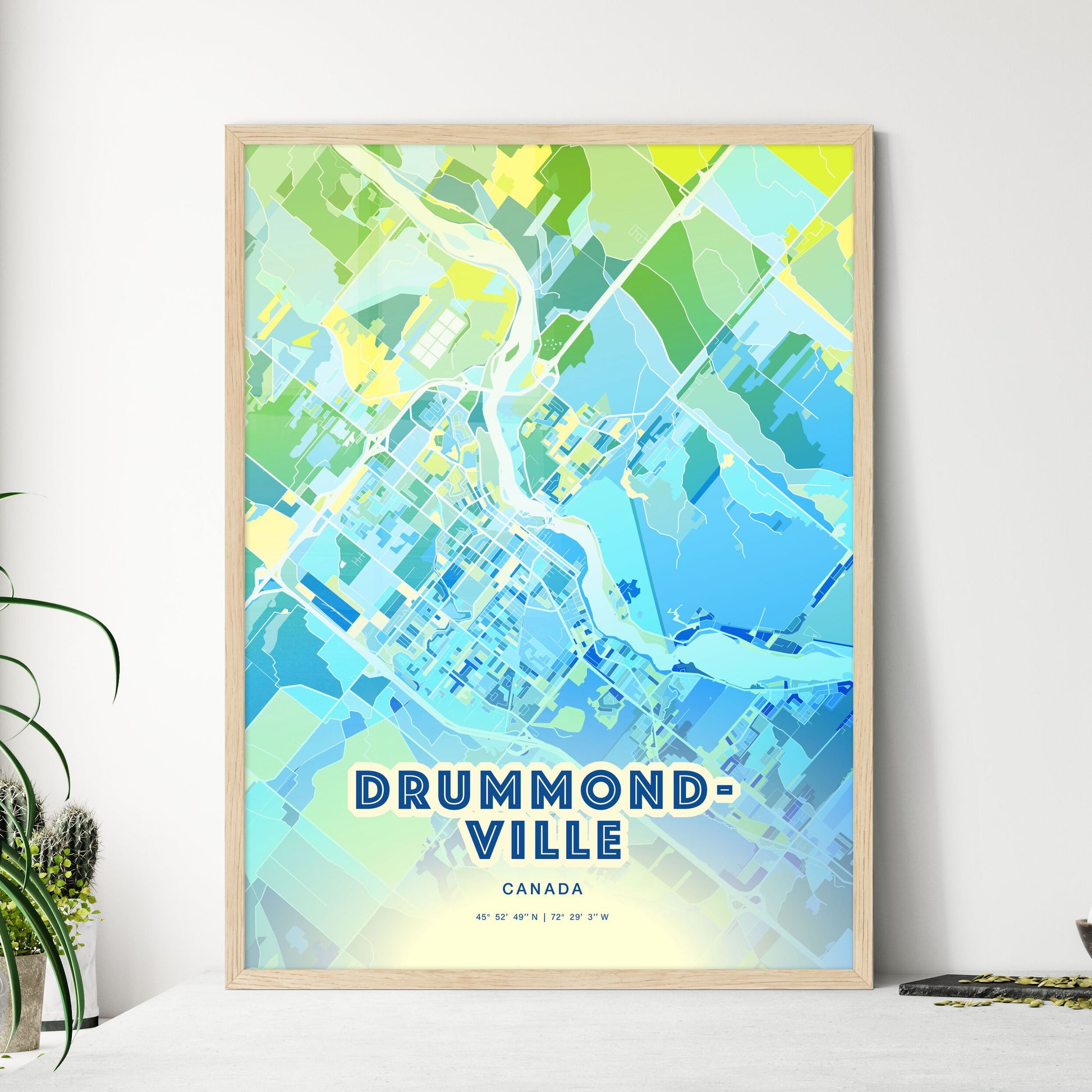 Colorful DRUMMONDVILLE CANADA Fine Art Map Cool Blue