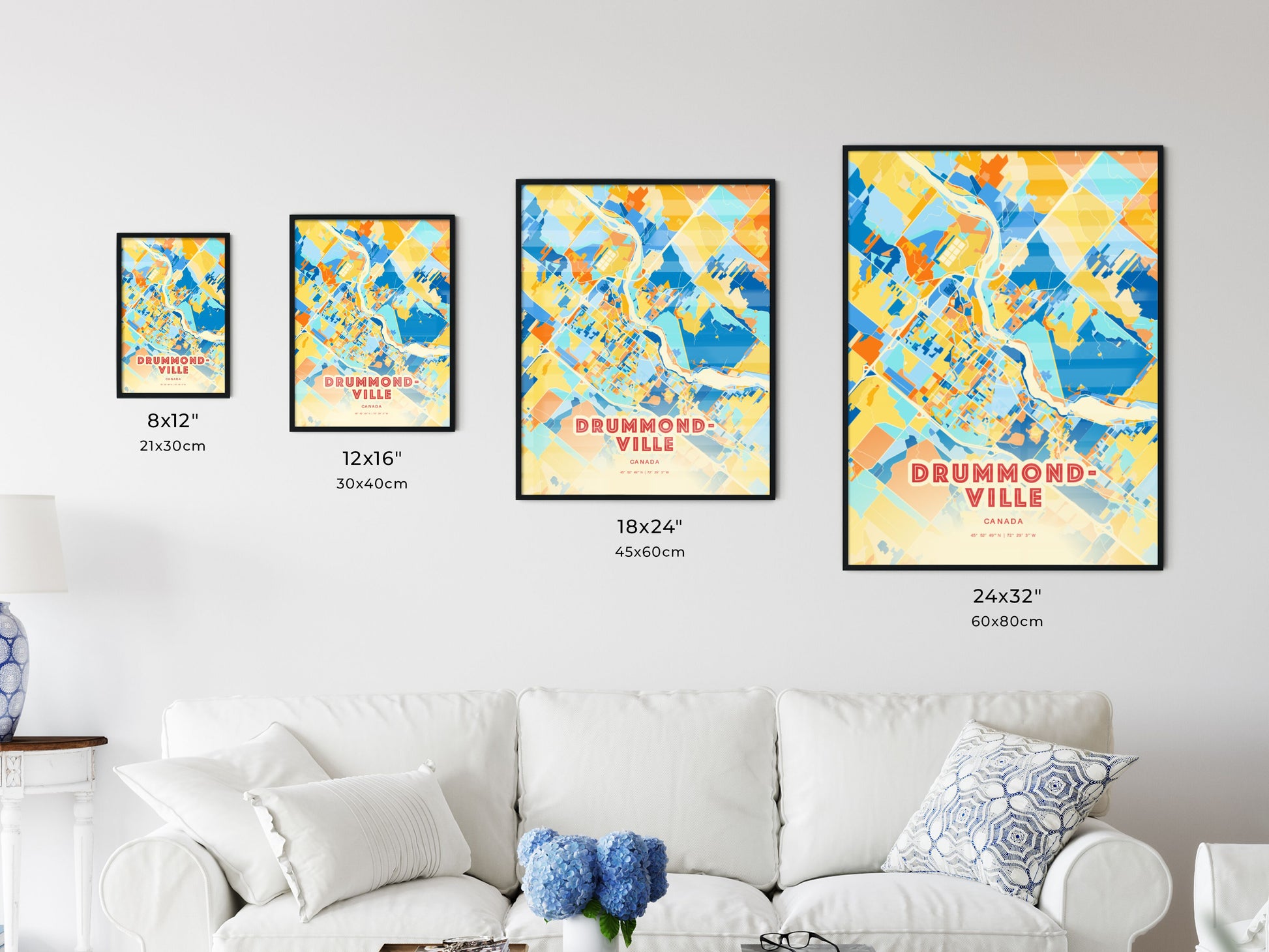 Colorful DRUMMONDVILLE CANADA Fine Art Map Blue Orange