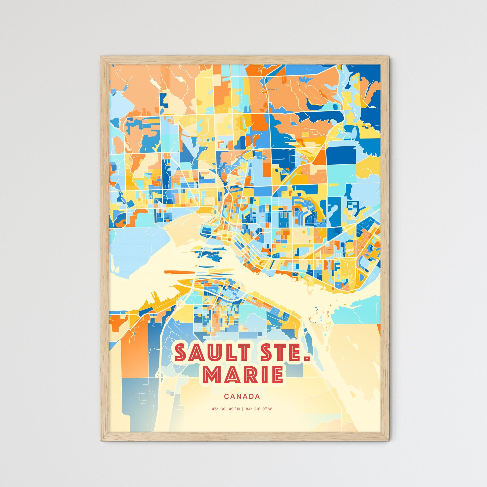 Colorful SAULT STE. MARIE CANADA Fine Art Map Blue Orange