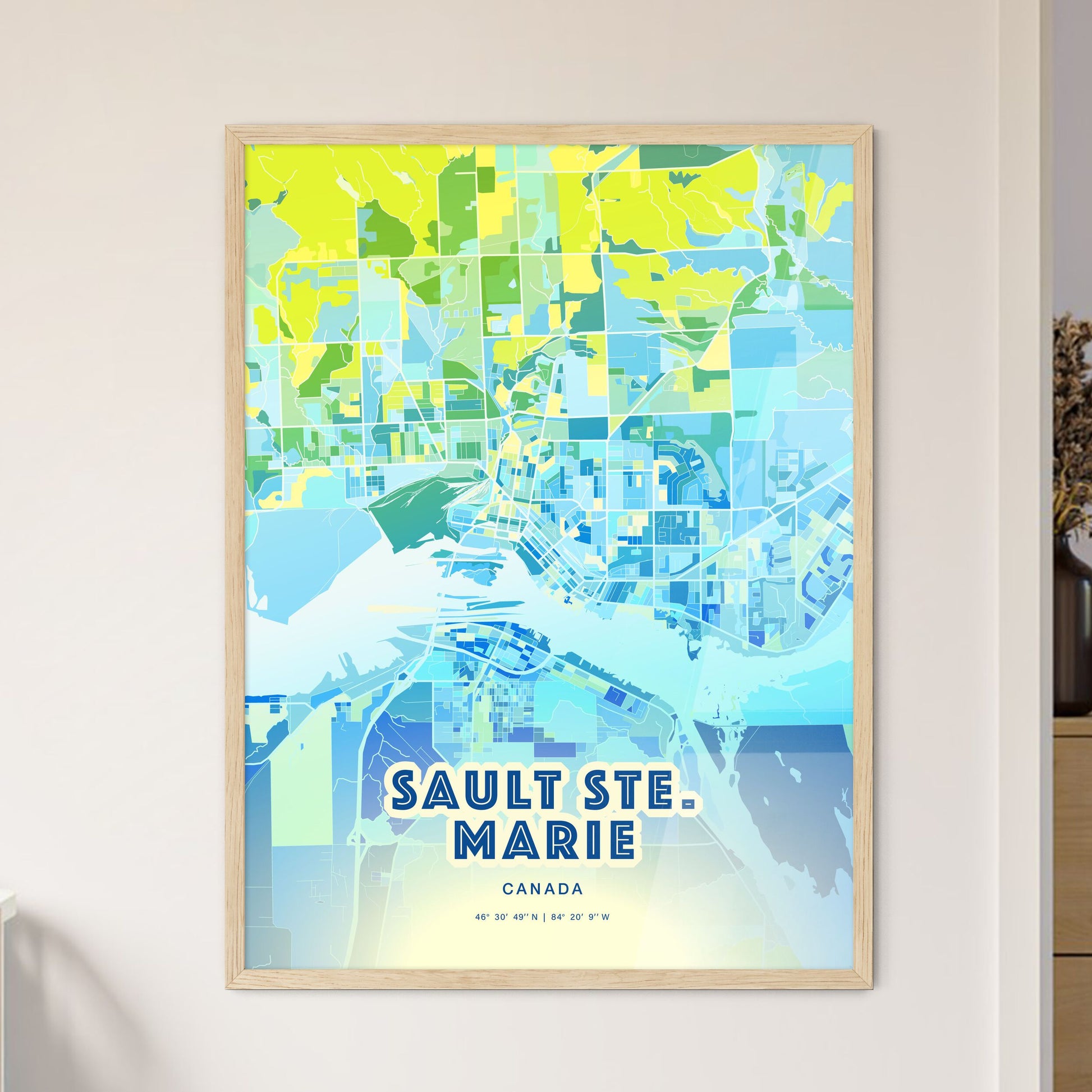 Colorful SAULT STE. MARIE CANADA Fine Art Map Cool Blue