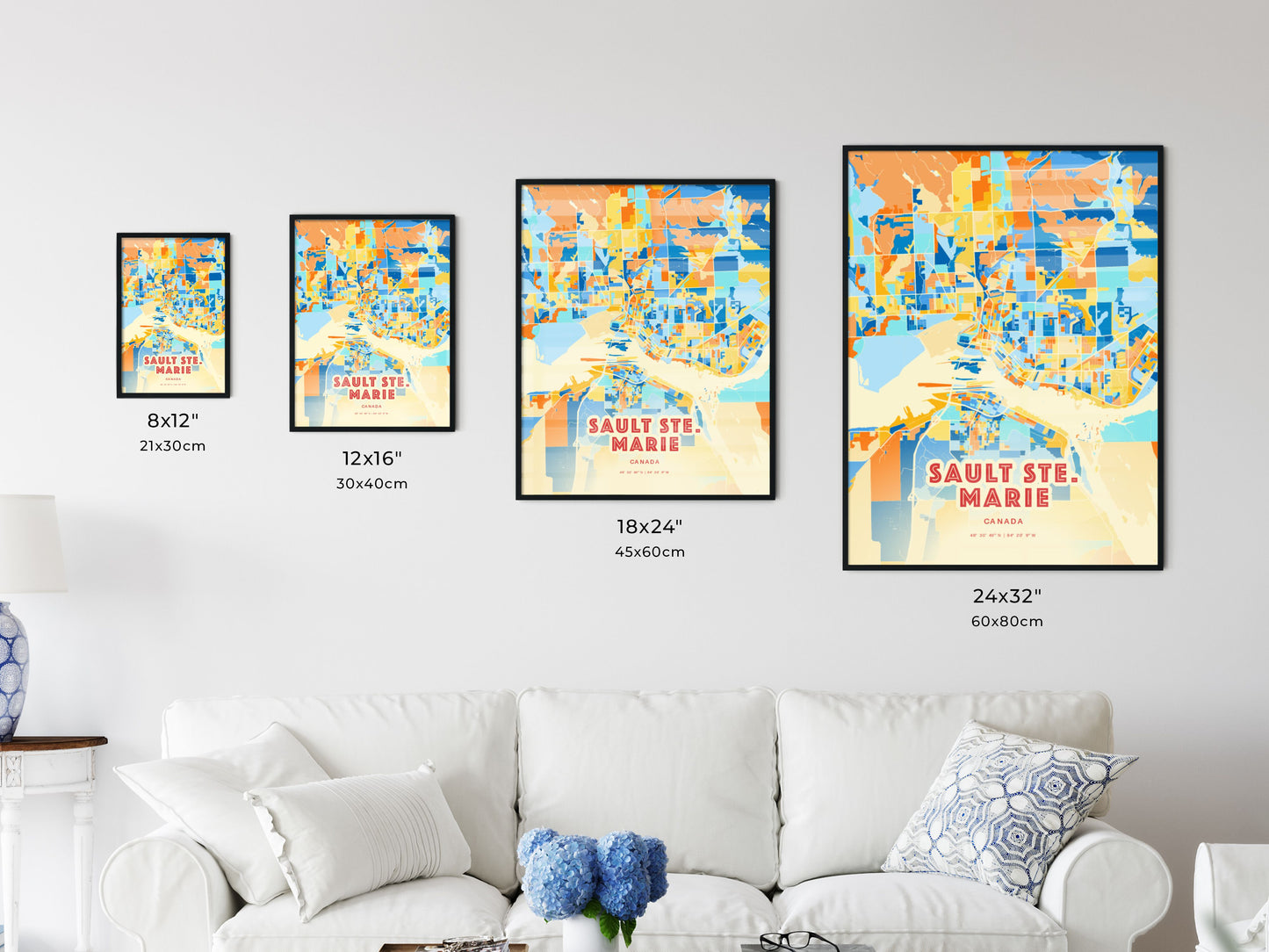 Colorful SAULT STE. MARIE CANADA Fine Art Map Blue Orange