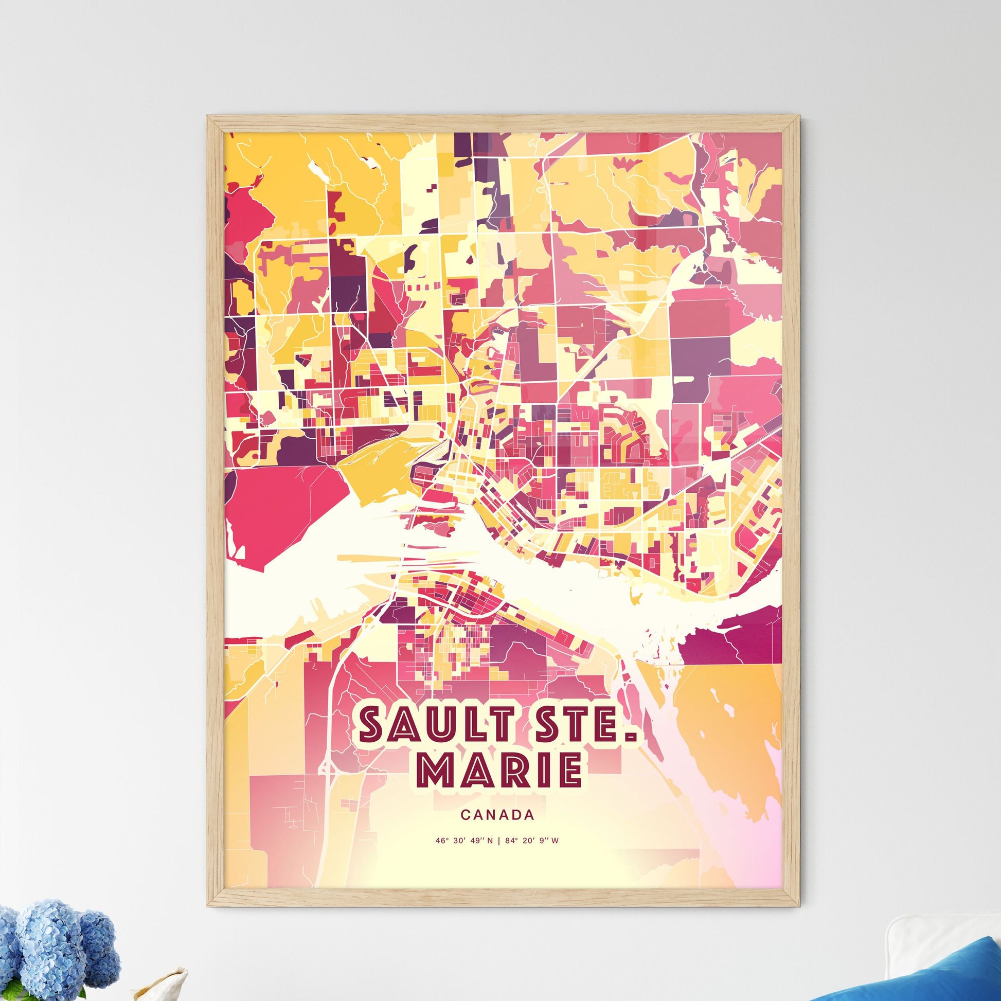 Colorful SAULT STE. MARIE CANADA Fine Art Map Hot Red