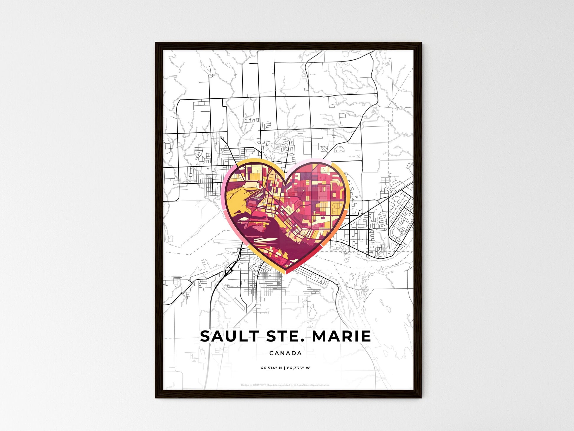 Sault Ste. Marie Canada wedding art map with heart icon