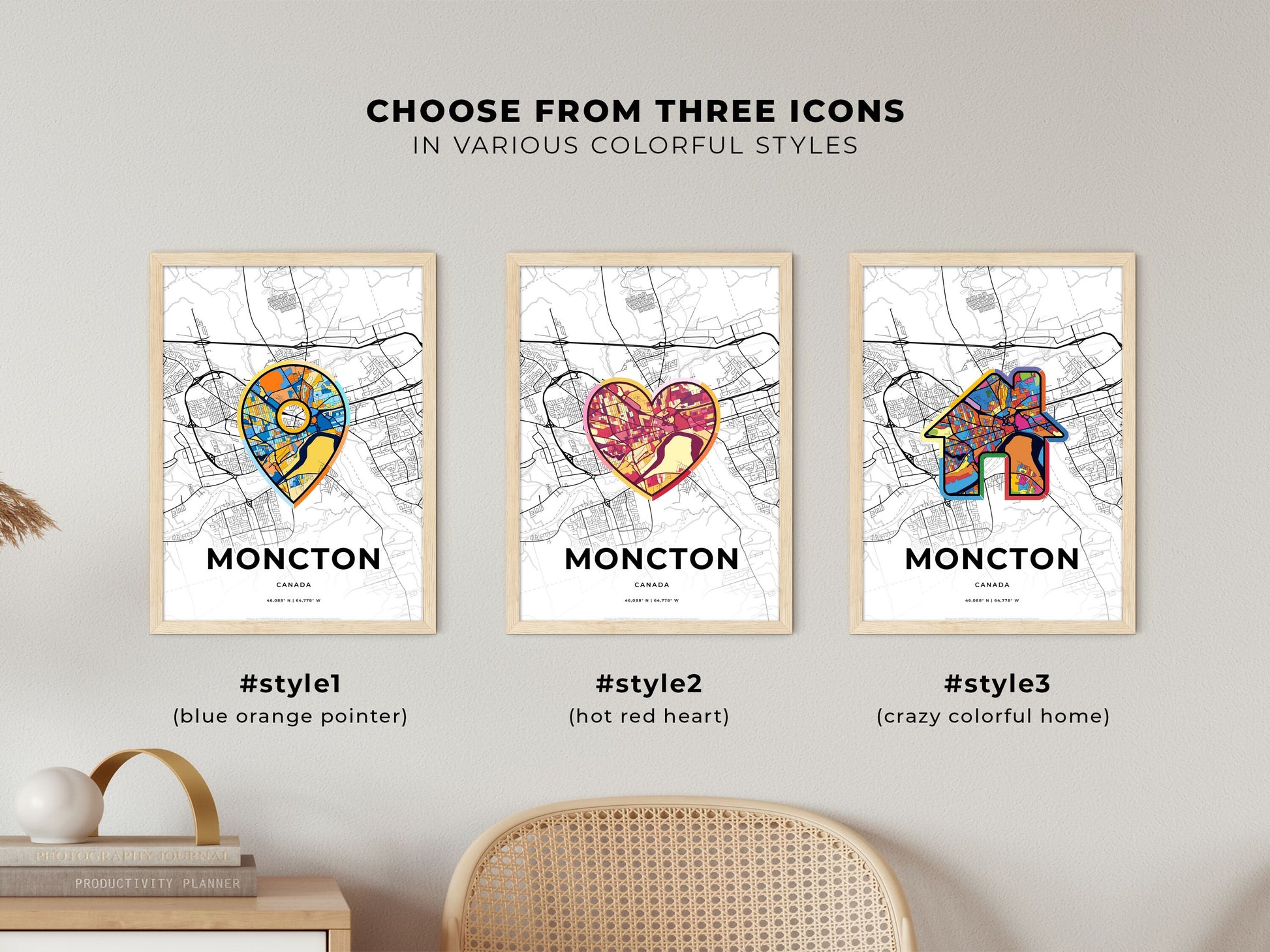 Moncton Canada maps with colorful icons