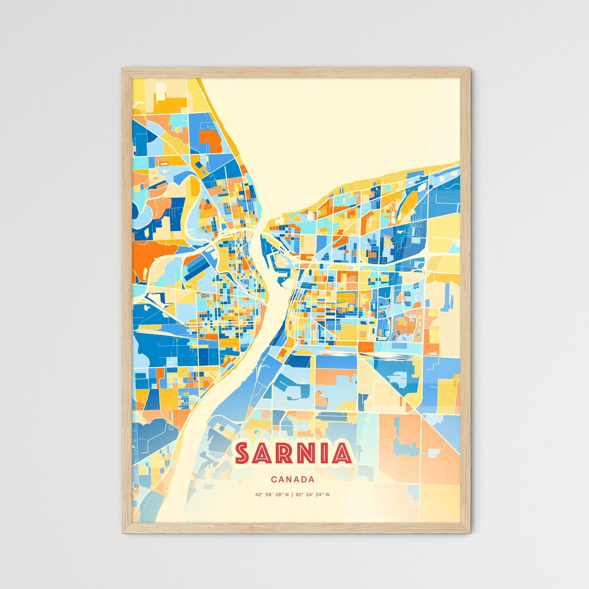 Colorful SARNIA CANADA Fine Art Map Blue Orange