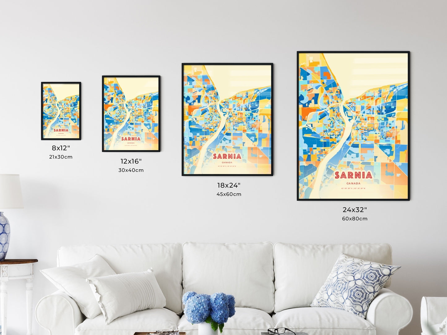 Colorful SARNIA CANADA Fine Art Map Blue Orange