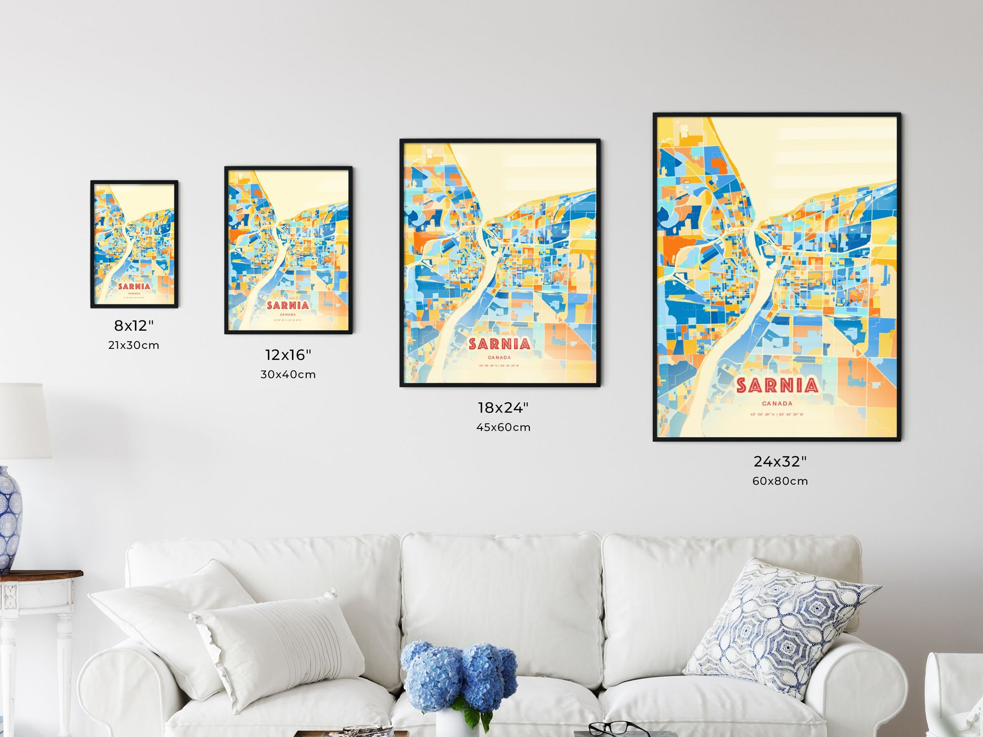 Colorful SARNIA CANADA Fine Art Map Blue Orange