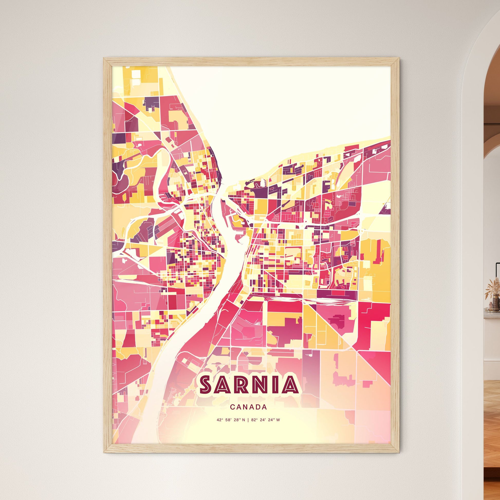 Colorful SARNIA CANADA Fine Art Map Hot Red