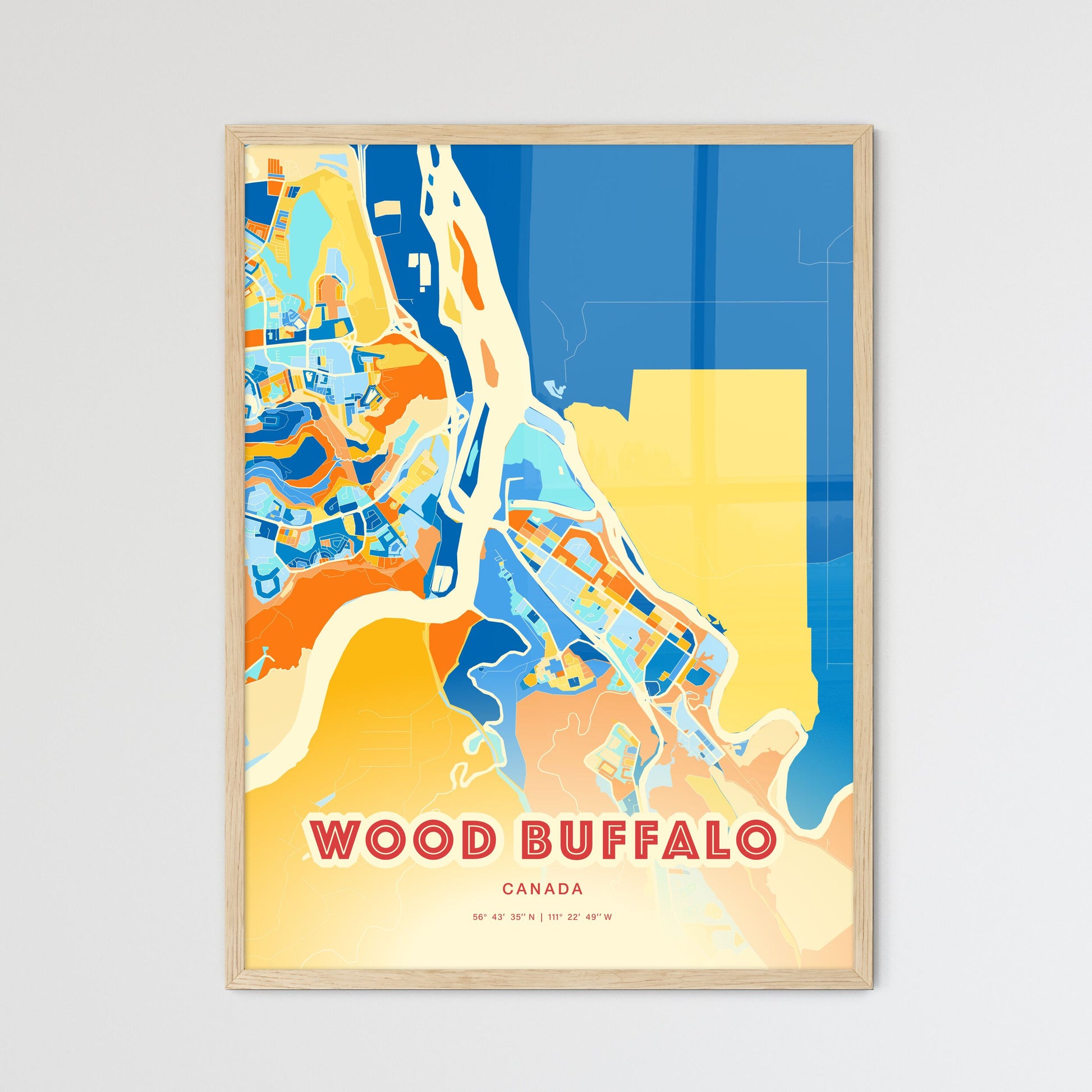 Colorful WOOD BUFFALO CANADA Fine Art Map Blue Orange