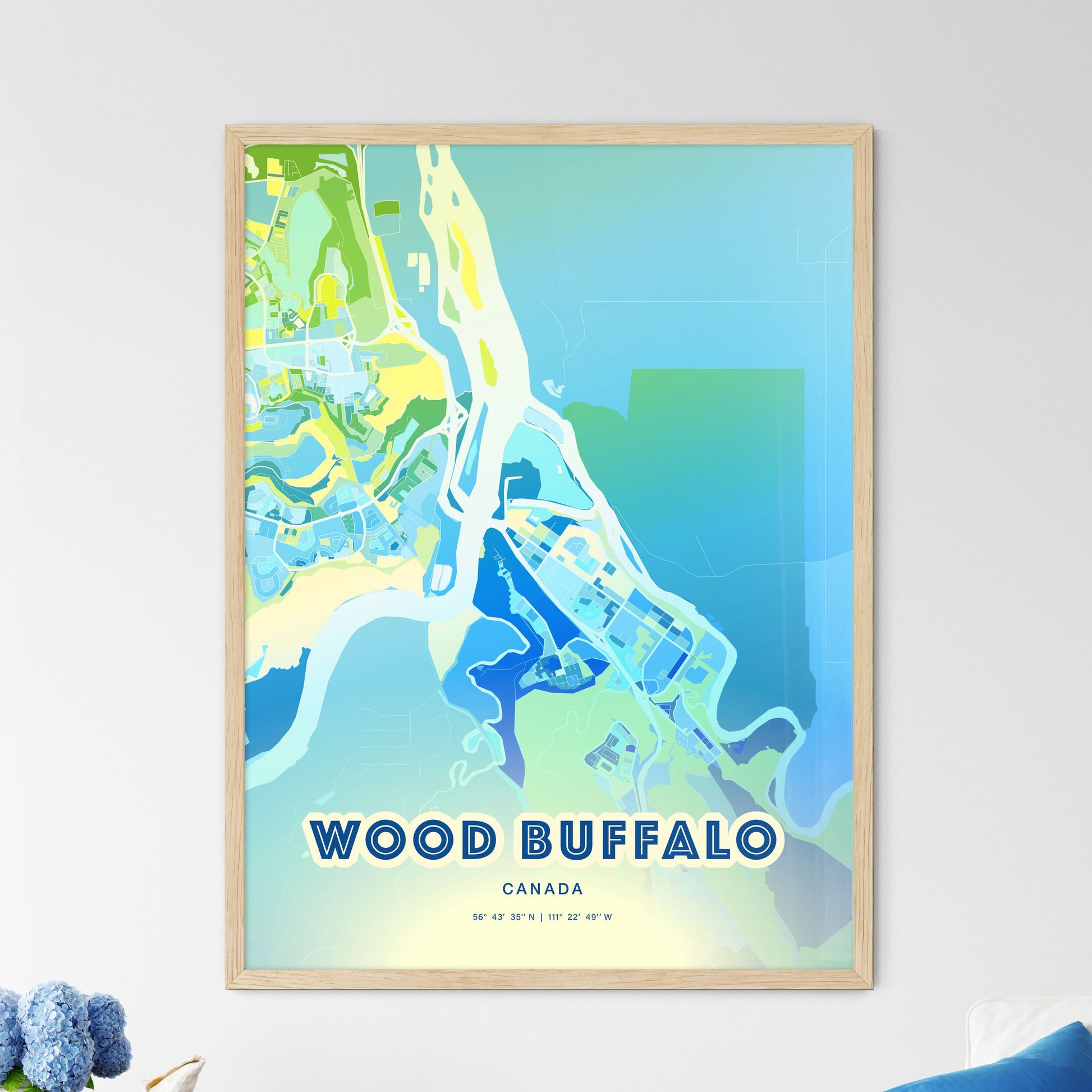 Colorful WOOD BUFFALO CANADA Fine Art Map Cool Blue