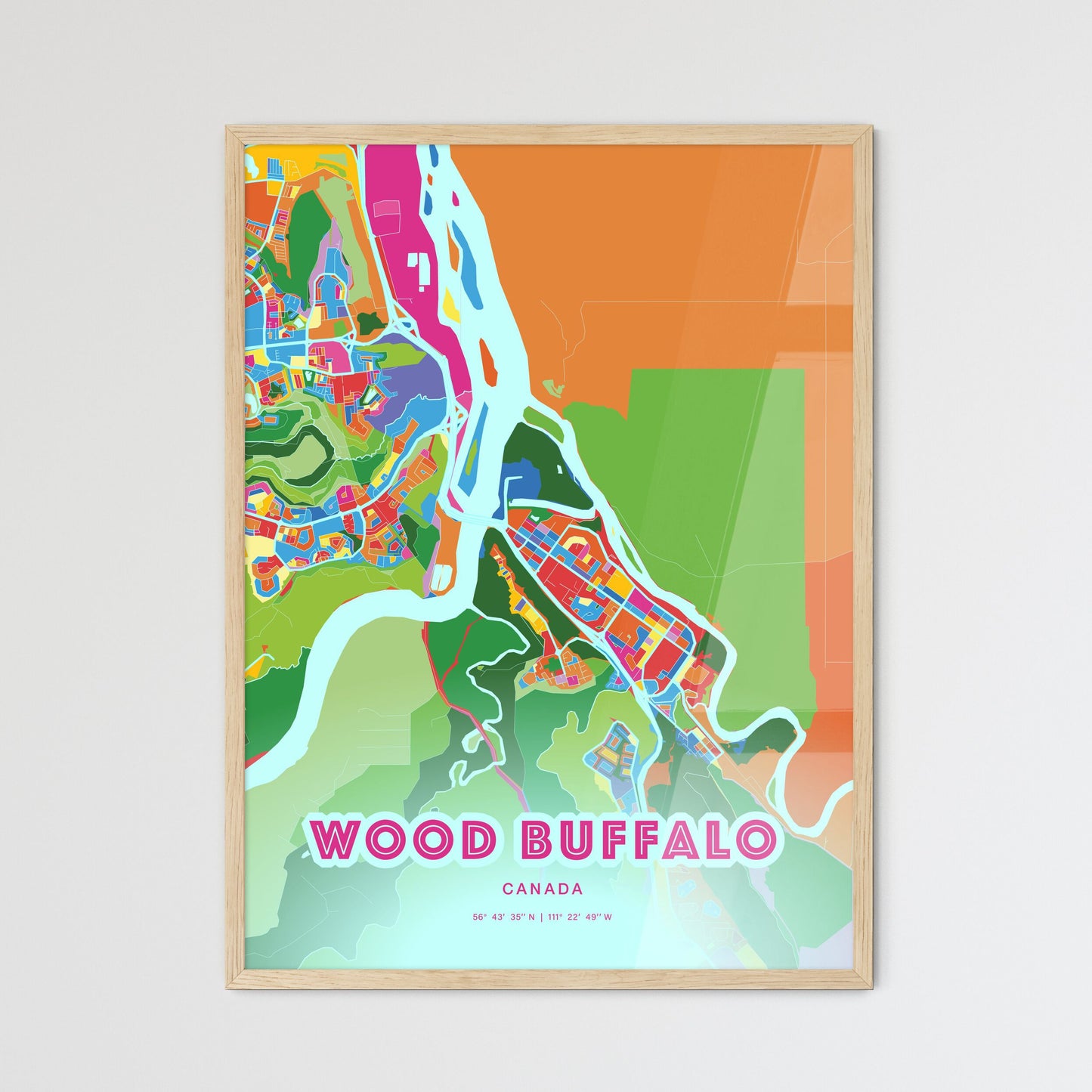 Colorful WOOD BUFFALO CANADA Fine Art Map Crazy Colors
