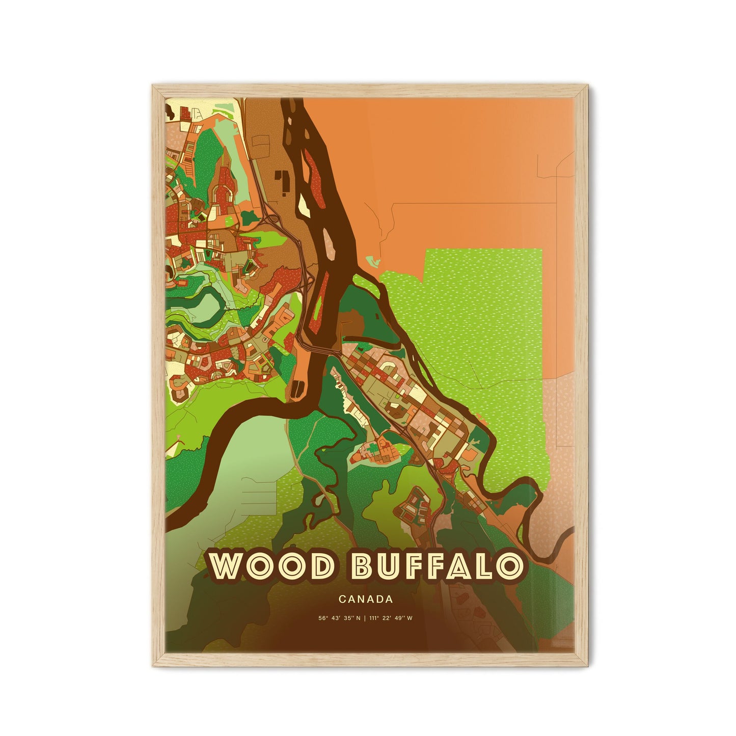 Colorful WOOD BUFFALO CANADA Fine Art Map Farmhouse