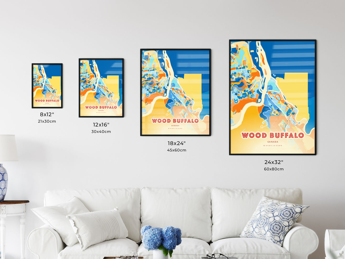 Colorful WOOD BUFFALO CANADA Fine Art Map Blue Orange