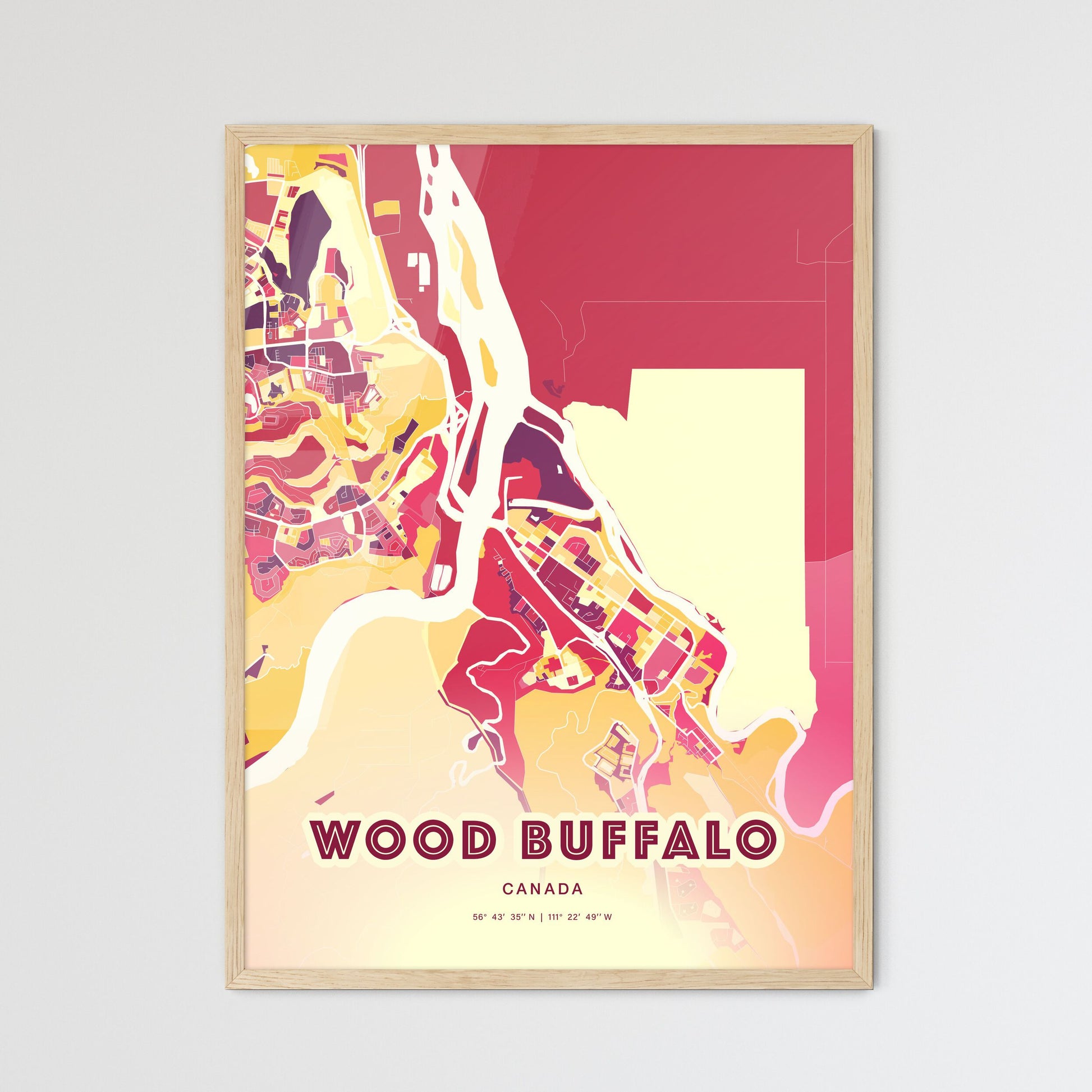 Colorful WOOD BUFFALO CANADA Fine Art Map Hot Red