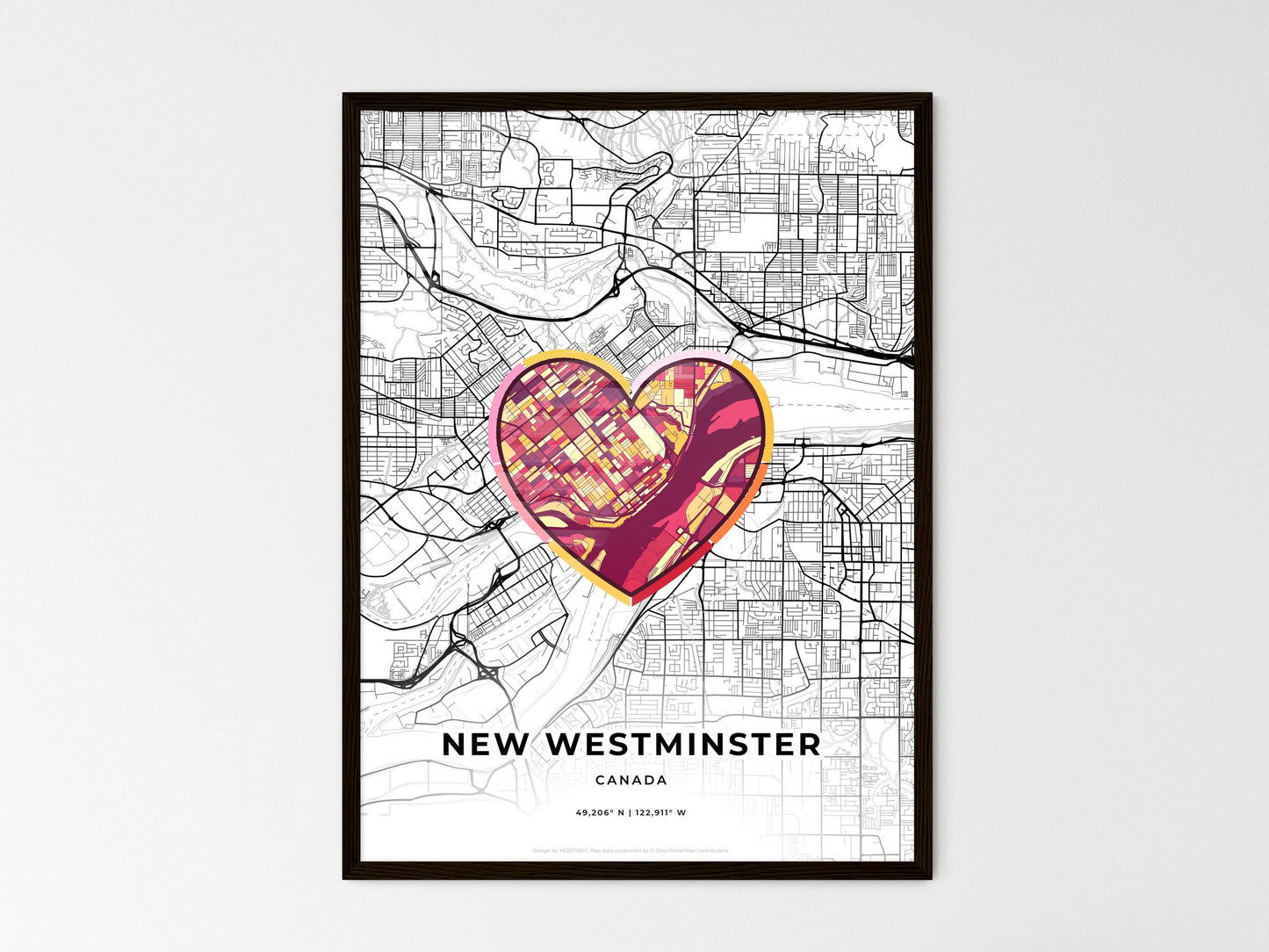 New Westminster Canada wedding art map with heart icon