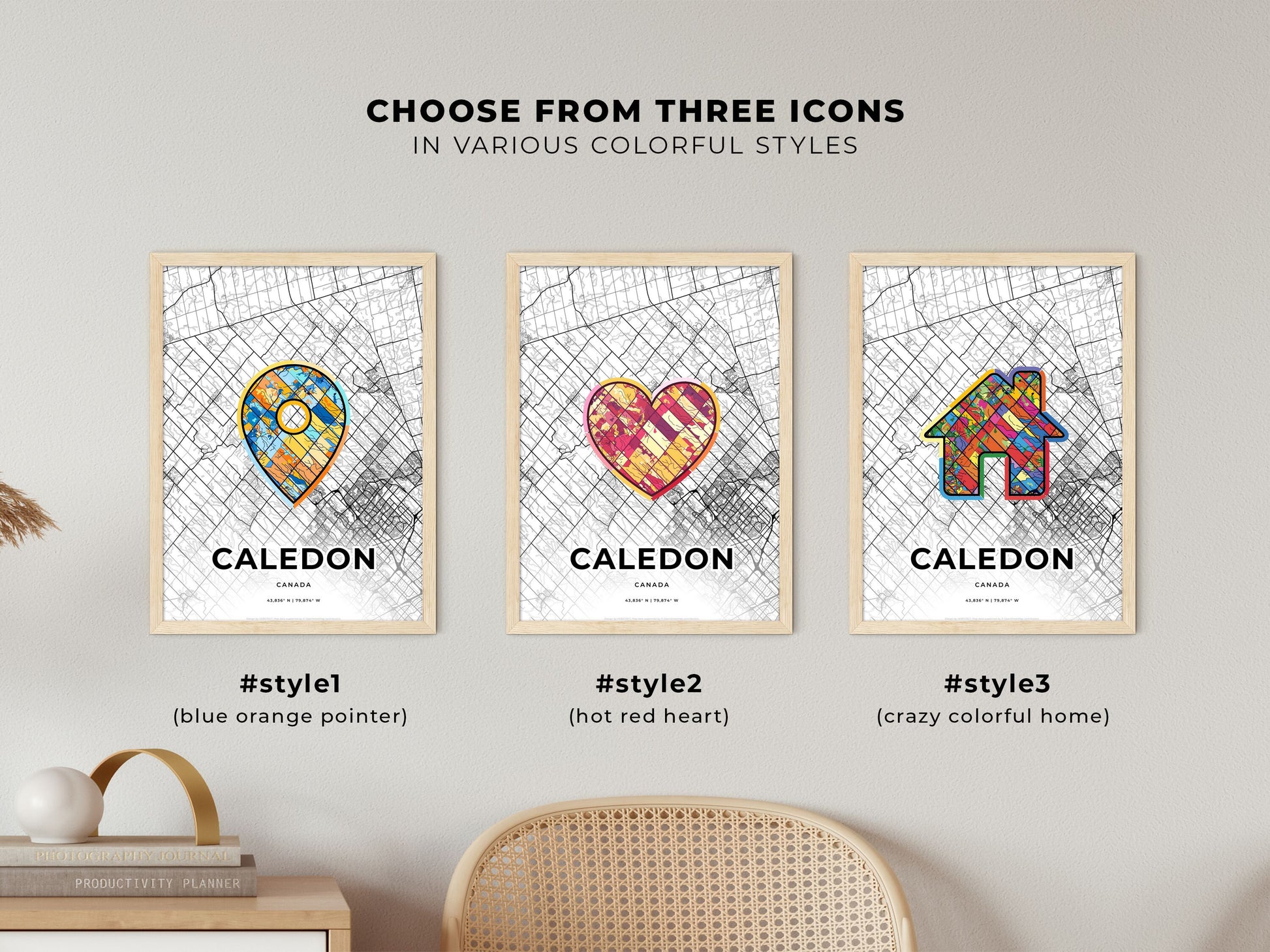 Caledon Canada maps with colorful icons