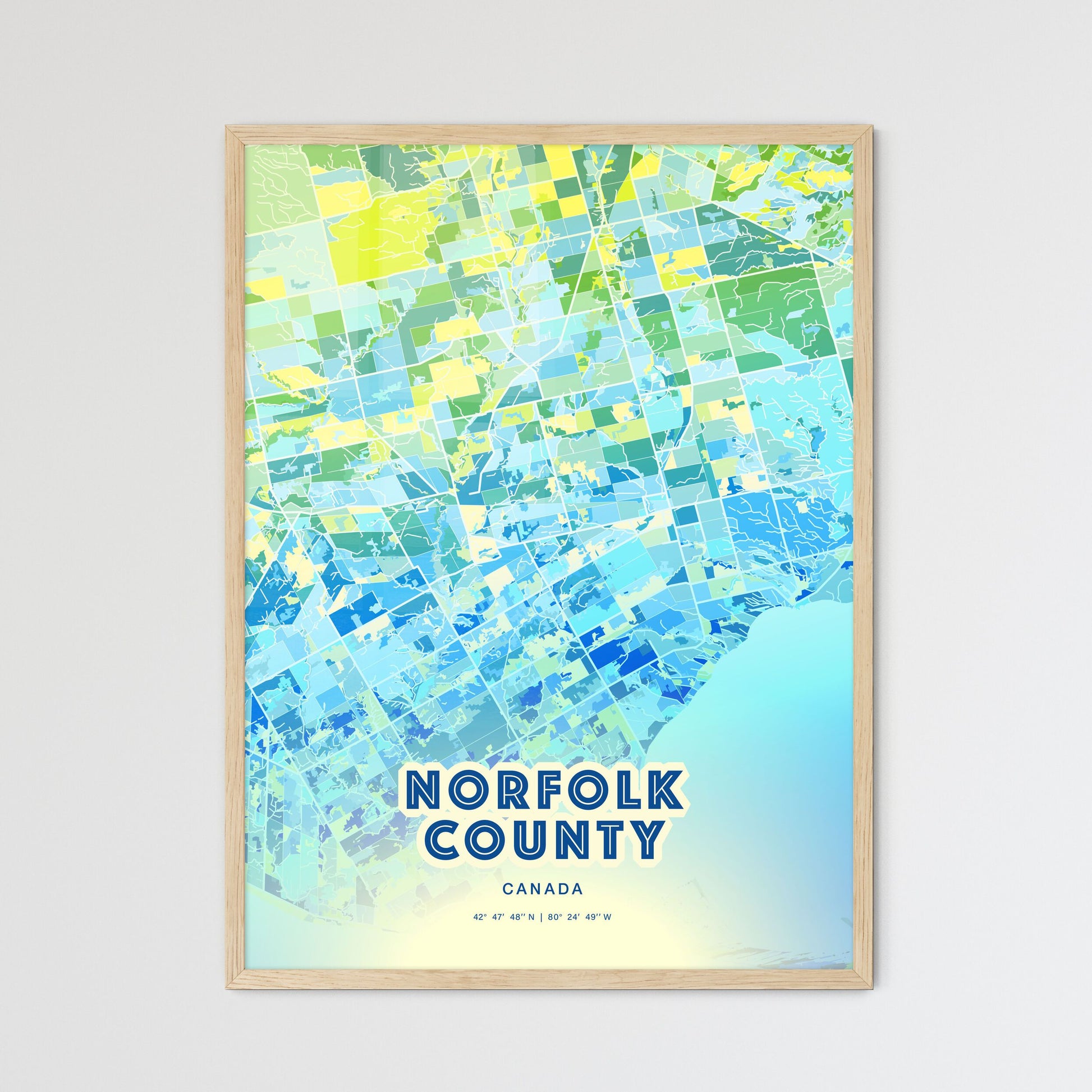 Colorful NORFOLK COUNTY CANADA Fine Art Map Cool Blue