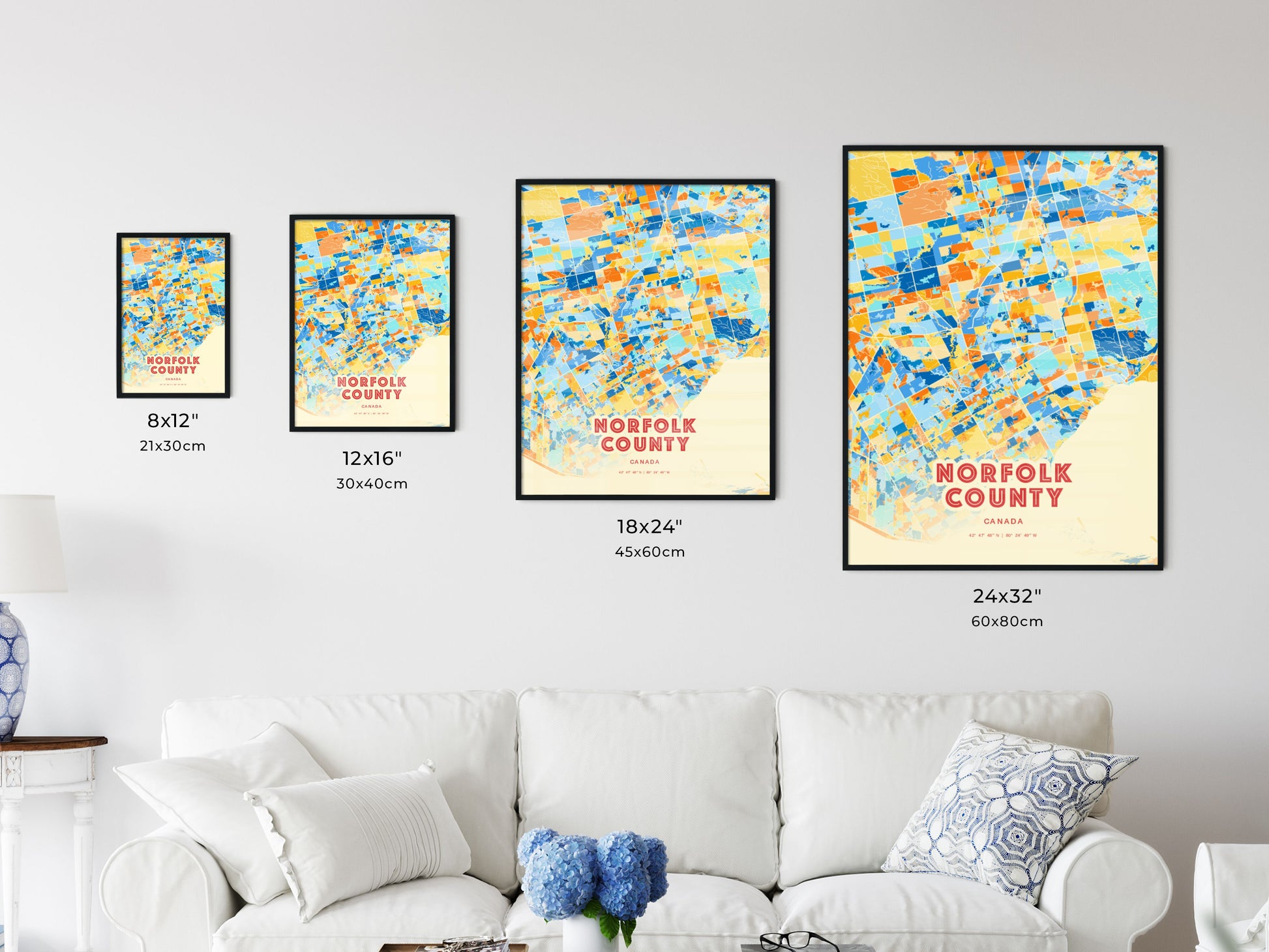 Colorful NORFOLK COUNTY CANADA Fine Art Map Blue Orange