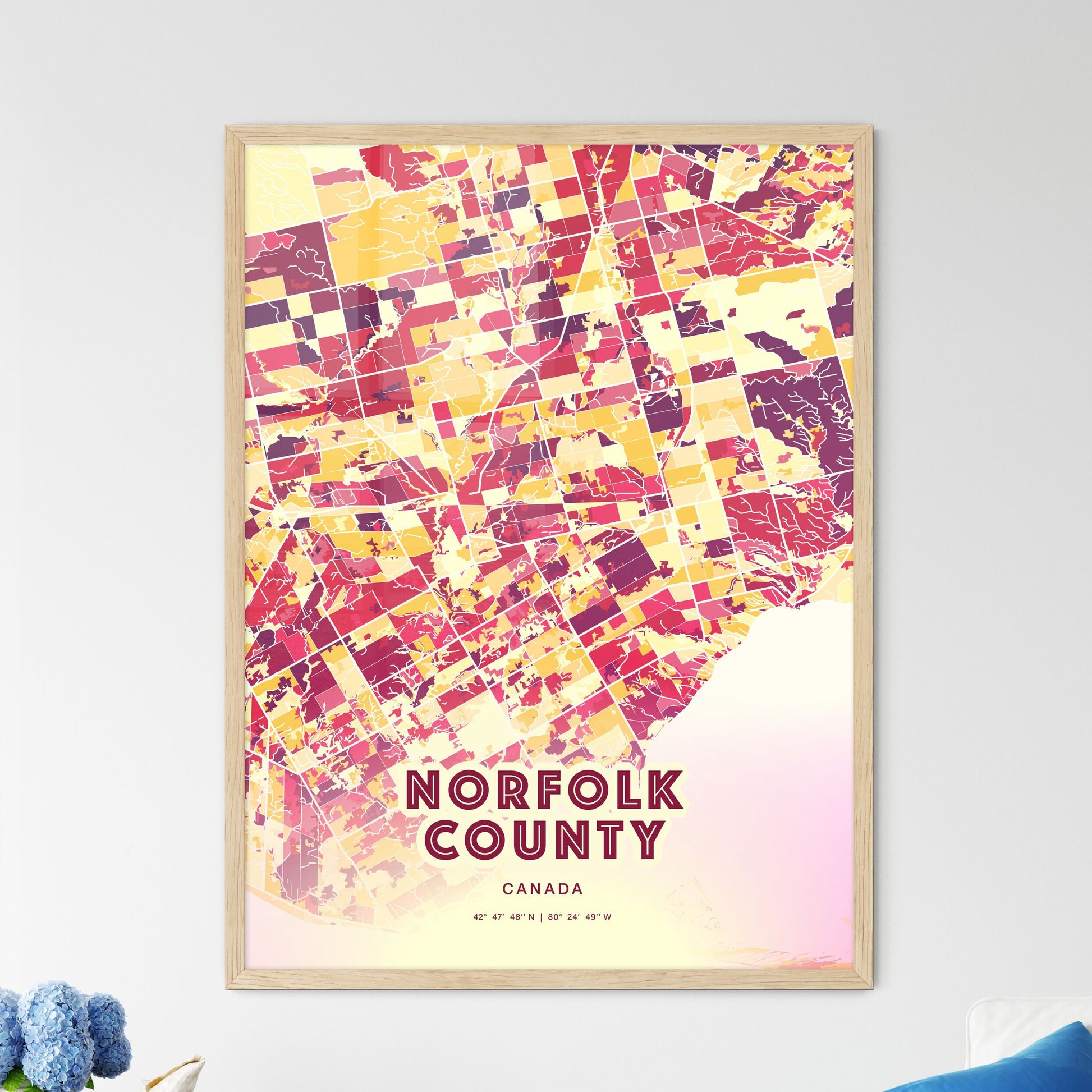 Colorful NORFOLK COUNTY CANADA Fine Art Map Hot Red