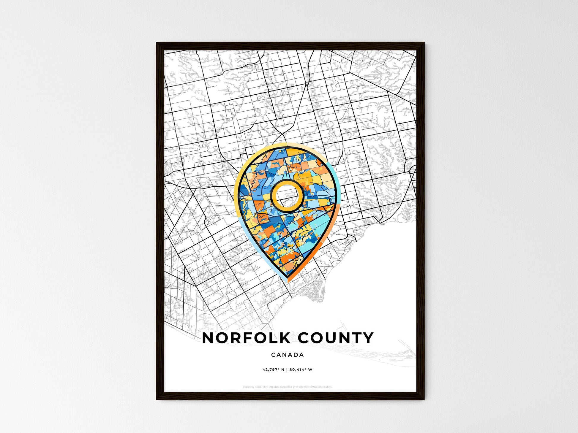 Norfolk County Canada wedding art map with pointer icon