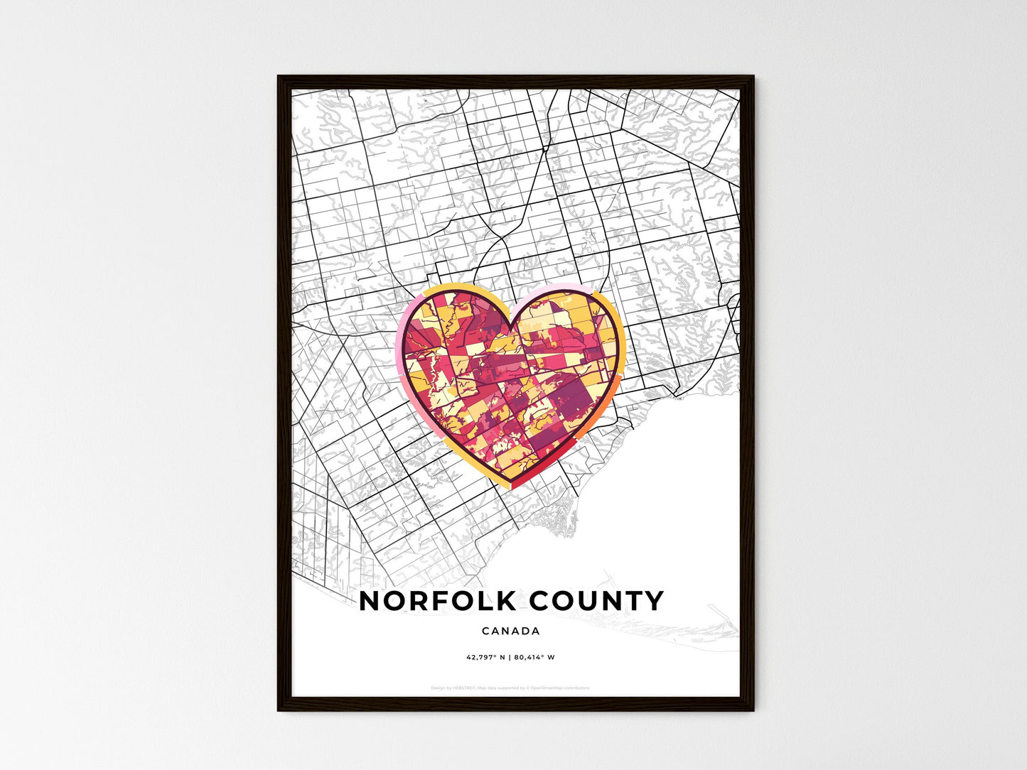 Norfolk County Canada wedding art map with heart icon