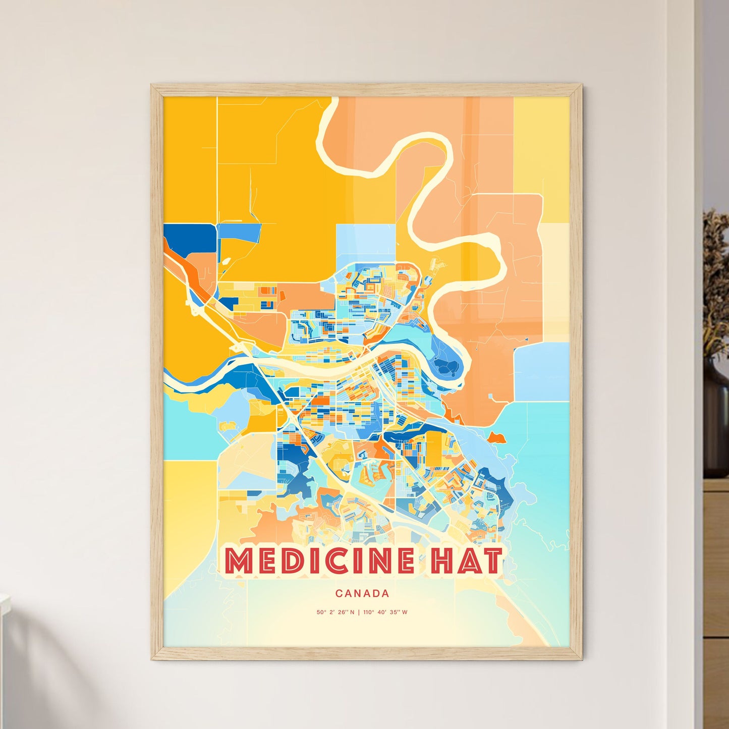 Colorful MEDICINE HAT CANADA Fine Art Map Blue Orange