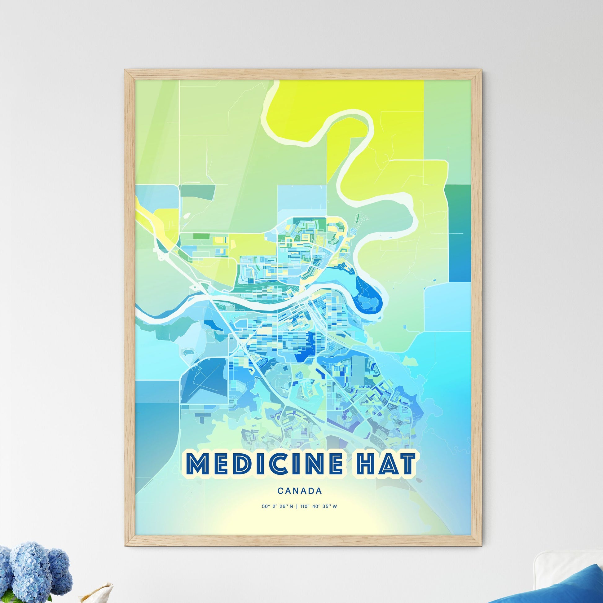 Colorful MEDICINE HAT CANADA Fine Art Map Cool Blue