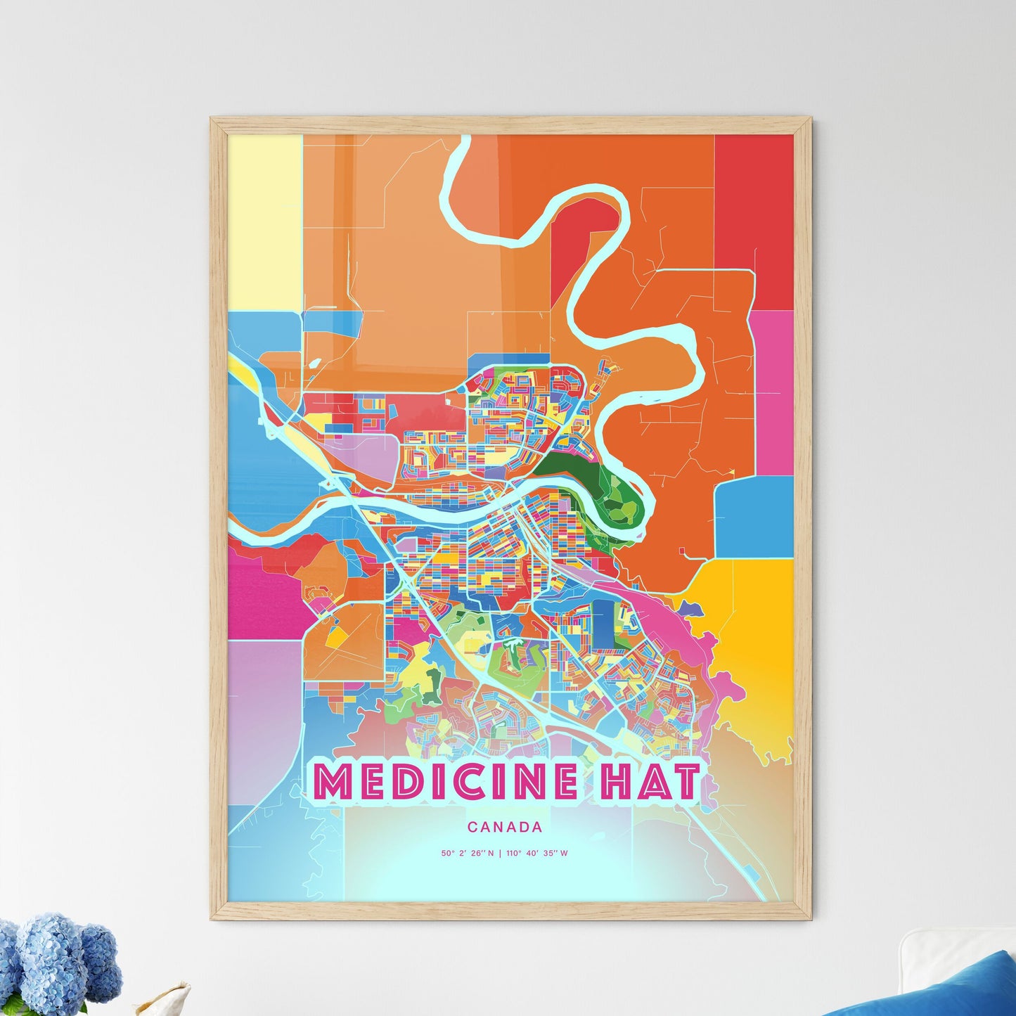 Colorful MEDICINE HAT CANADA Fine Art Map Crazy Colors