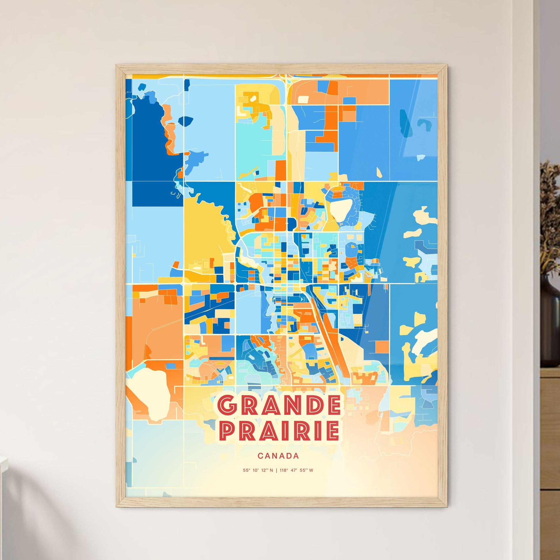 Colorful GRANDE PRAIRIE CANADA Fine Art Map Blue Orange