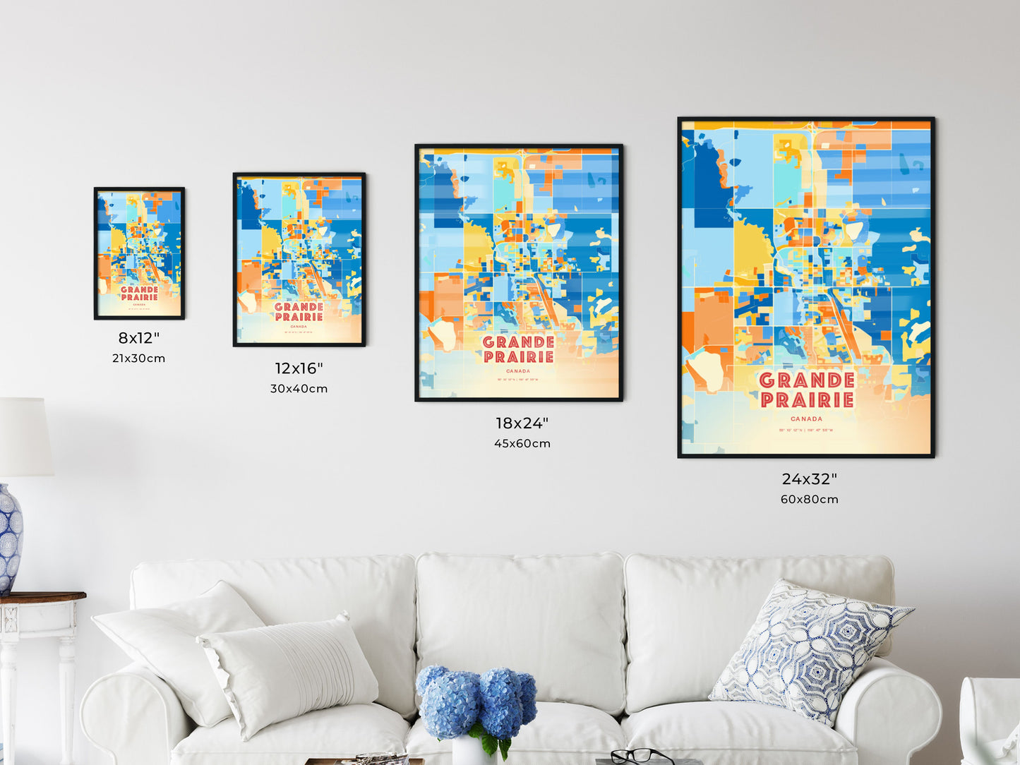 Colorful GRANDE PRAIRIE CANADA Fine Art Map Blue Orange