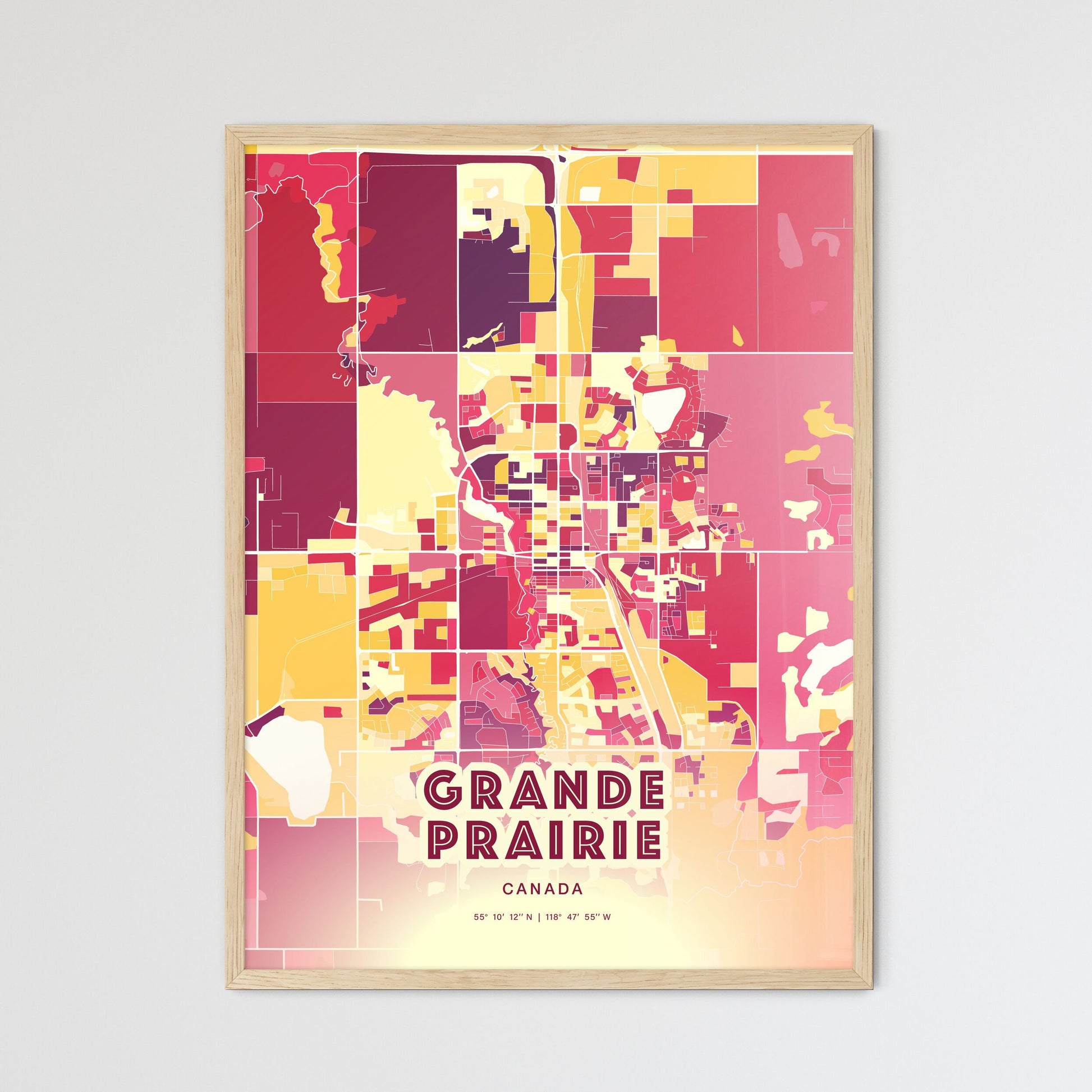 Colorful GRANDE PRAIRIE CANADA Fine Art Map Hot Red