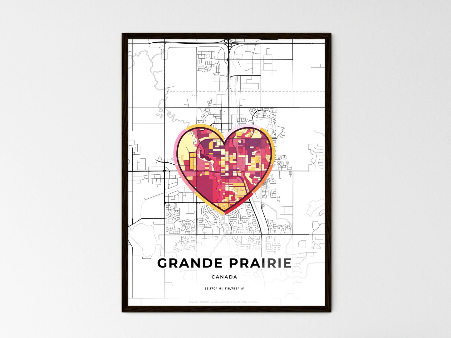 Grande Prairie Canada wedding art map with heart icon