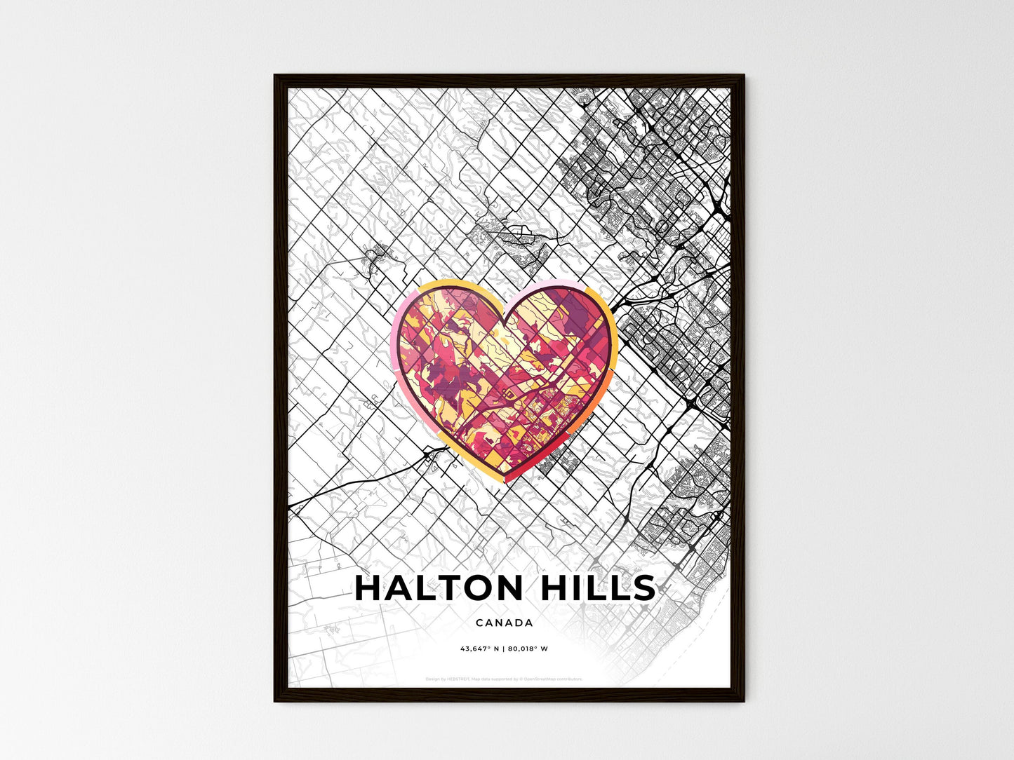 Halton Hills Canada wedding art map with heart icon