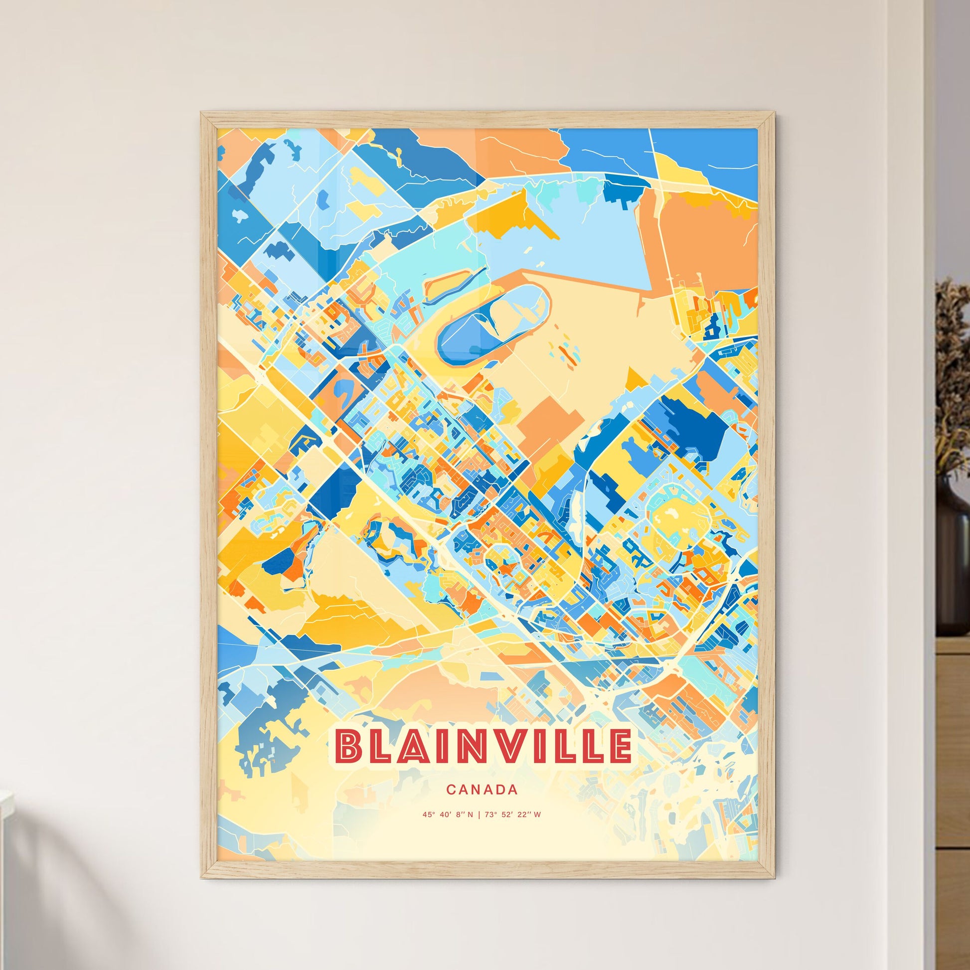 Colorful BLAINVILLE CANADA Fine Art Map Blue Orange