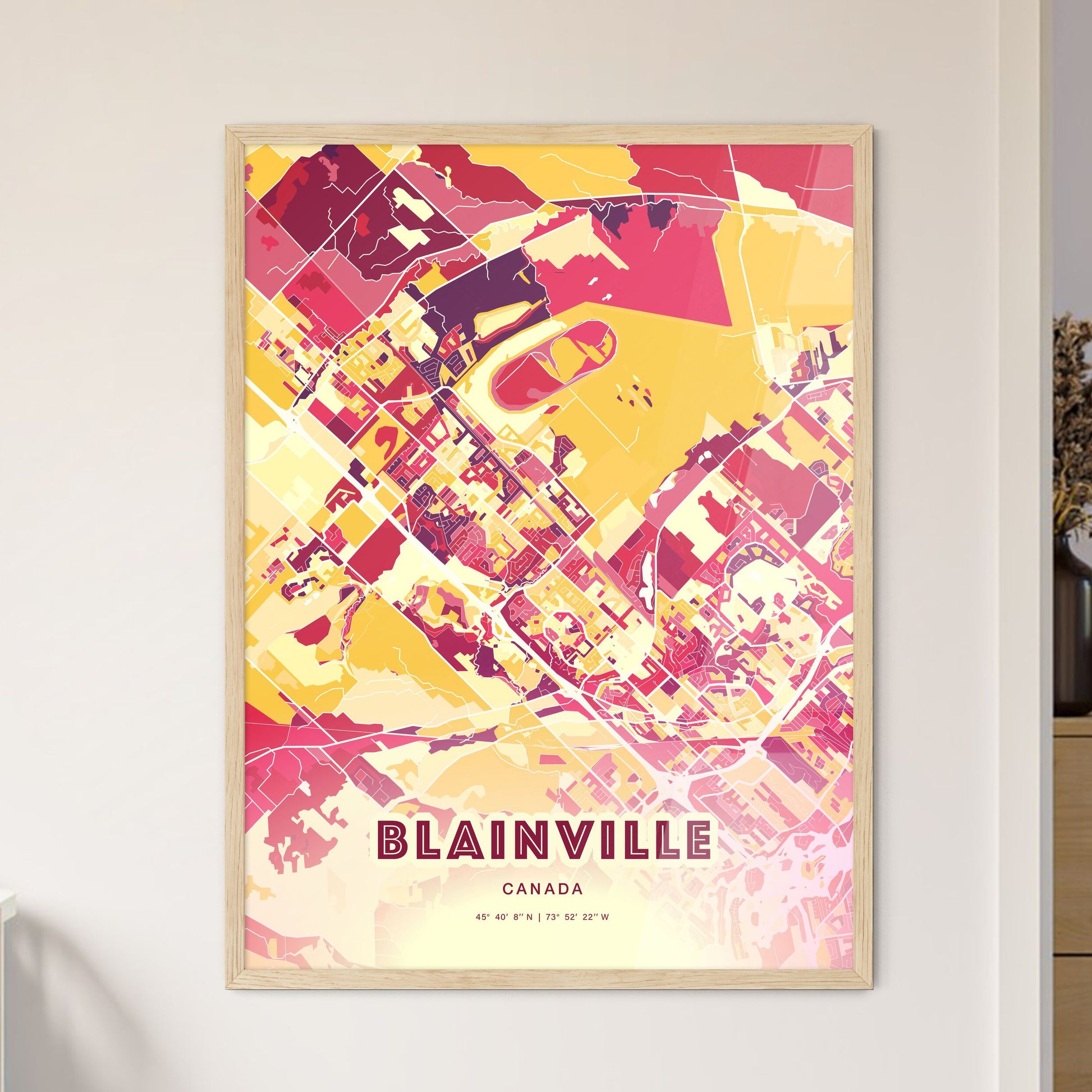 Colorful BLAINVILLE CANADA Fine Art Map Hot Red