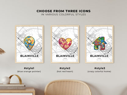 BLAINVILLE CANADA minimal art map with a colorful icon. Where it all began, Couple map gift.