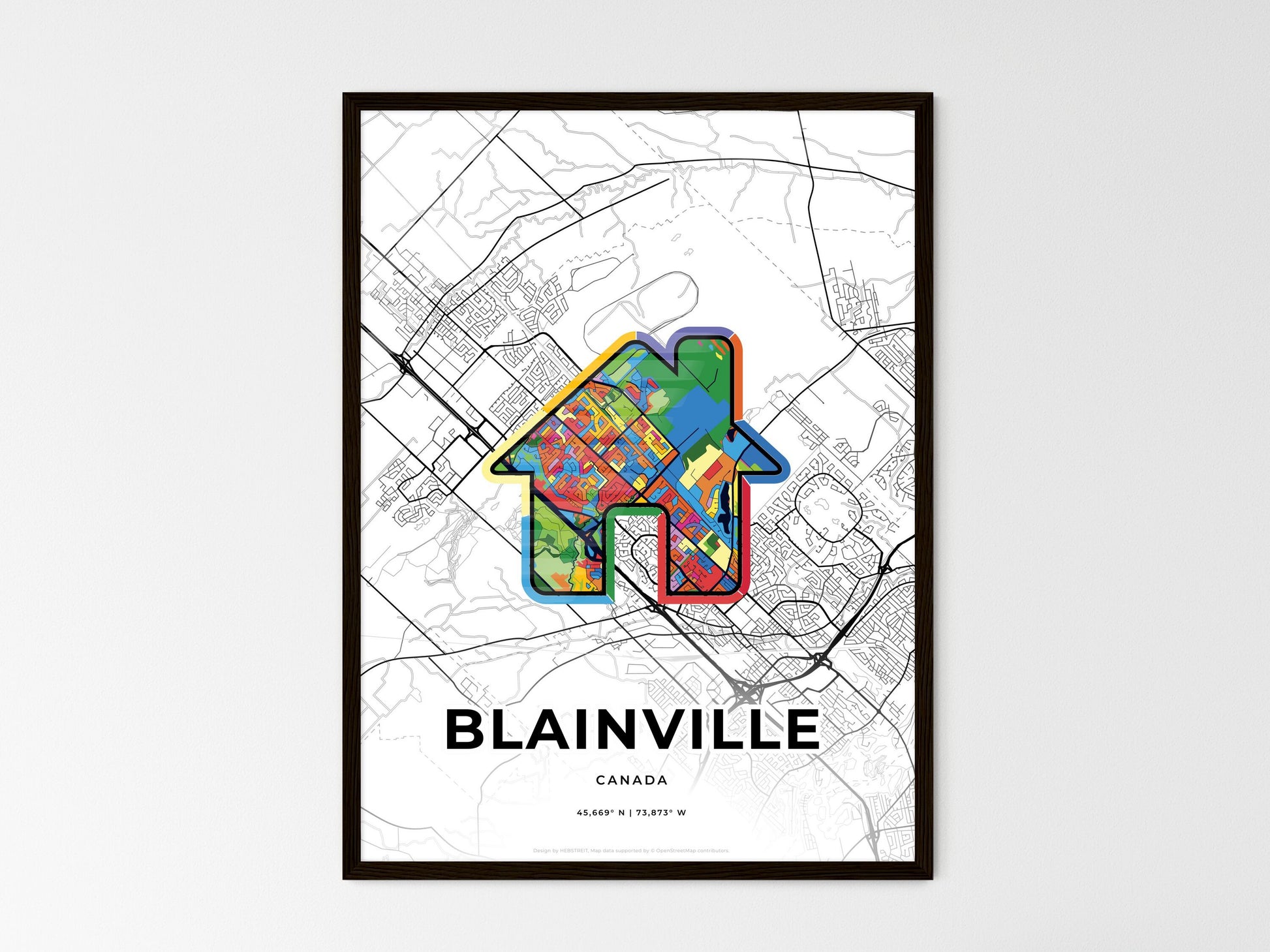 BLAINVILLE CANADA minimal art map with a colorful icon. Where it all began, Couple map gift. Style 3