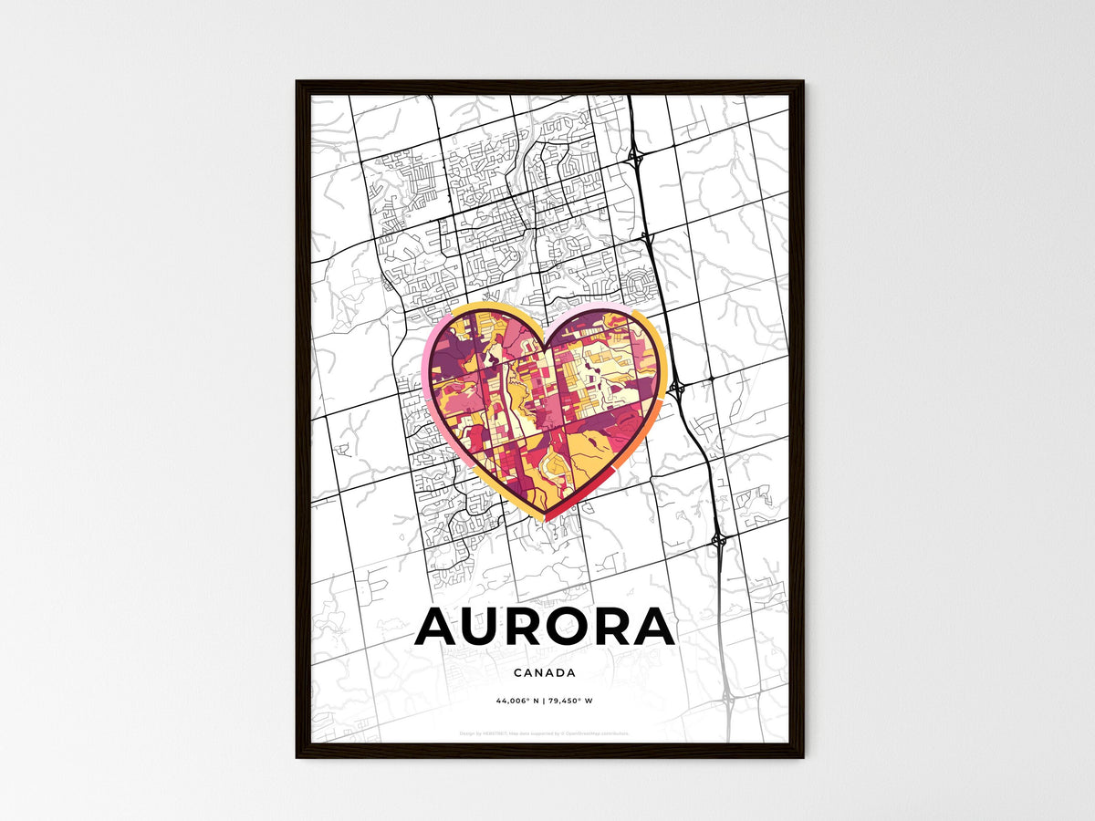 Aurora Canada wedding art map with heart icon