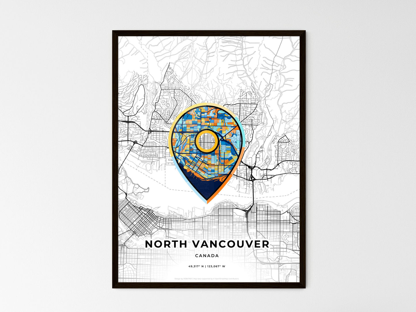 North Vancouver Canada wedding art map with pointer icon