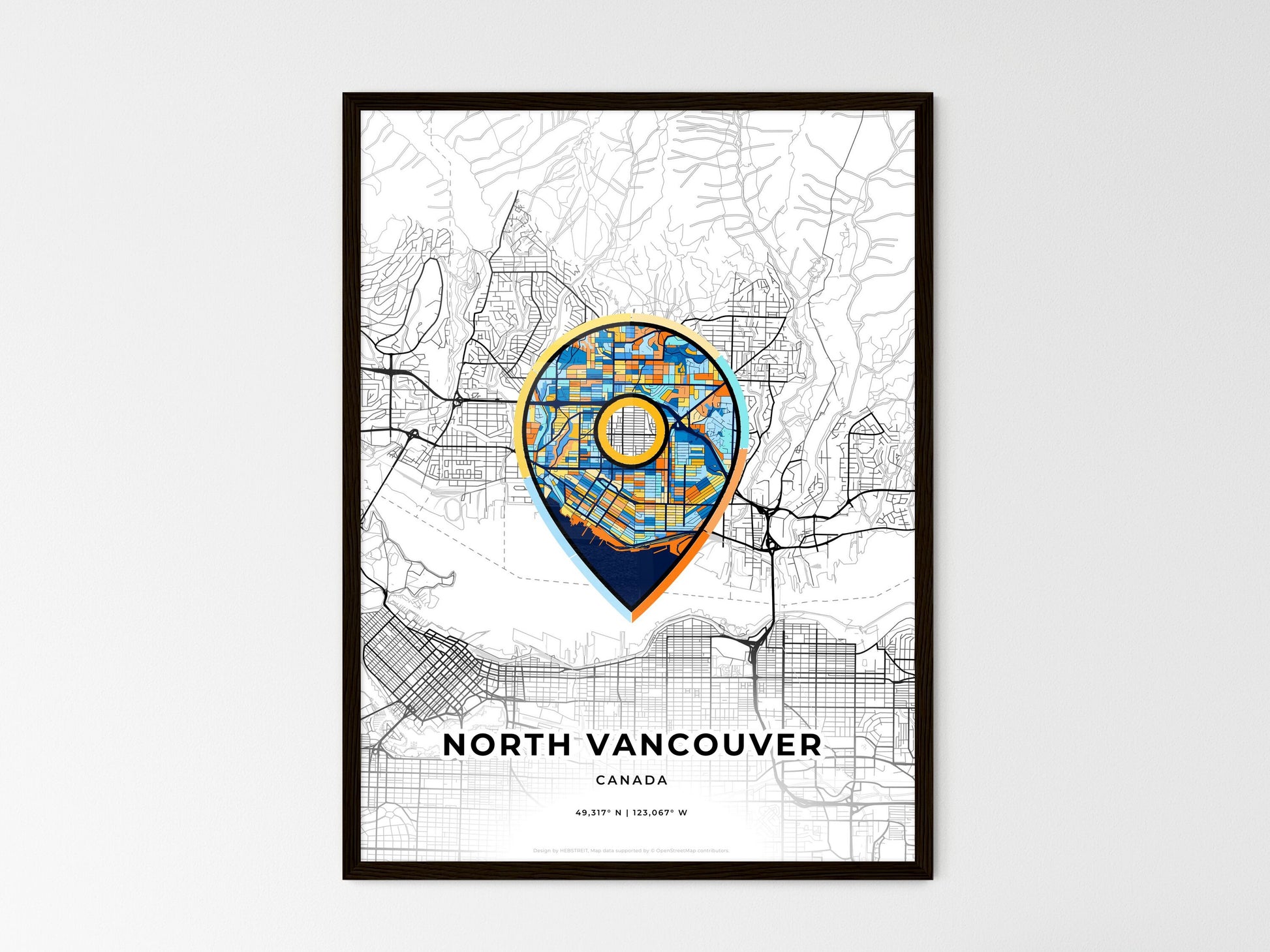 North Vancouver Canada wedding art map with pointer icon