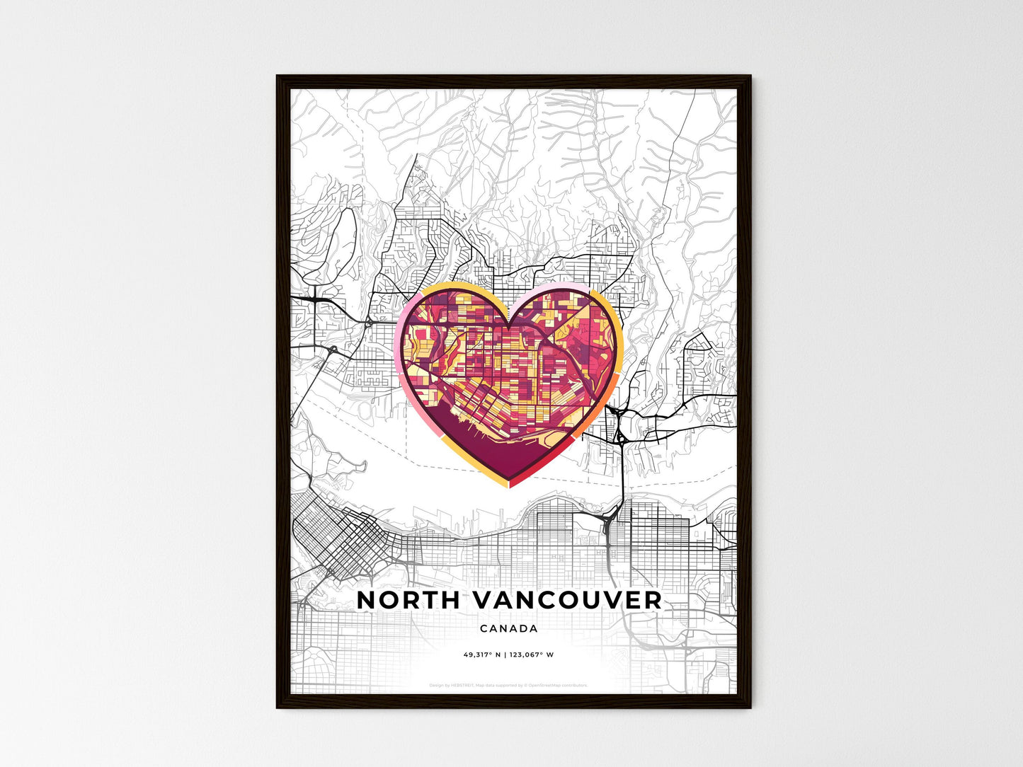 North Vancouver Canada wedding art map with heart icon