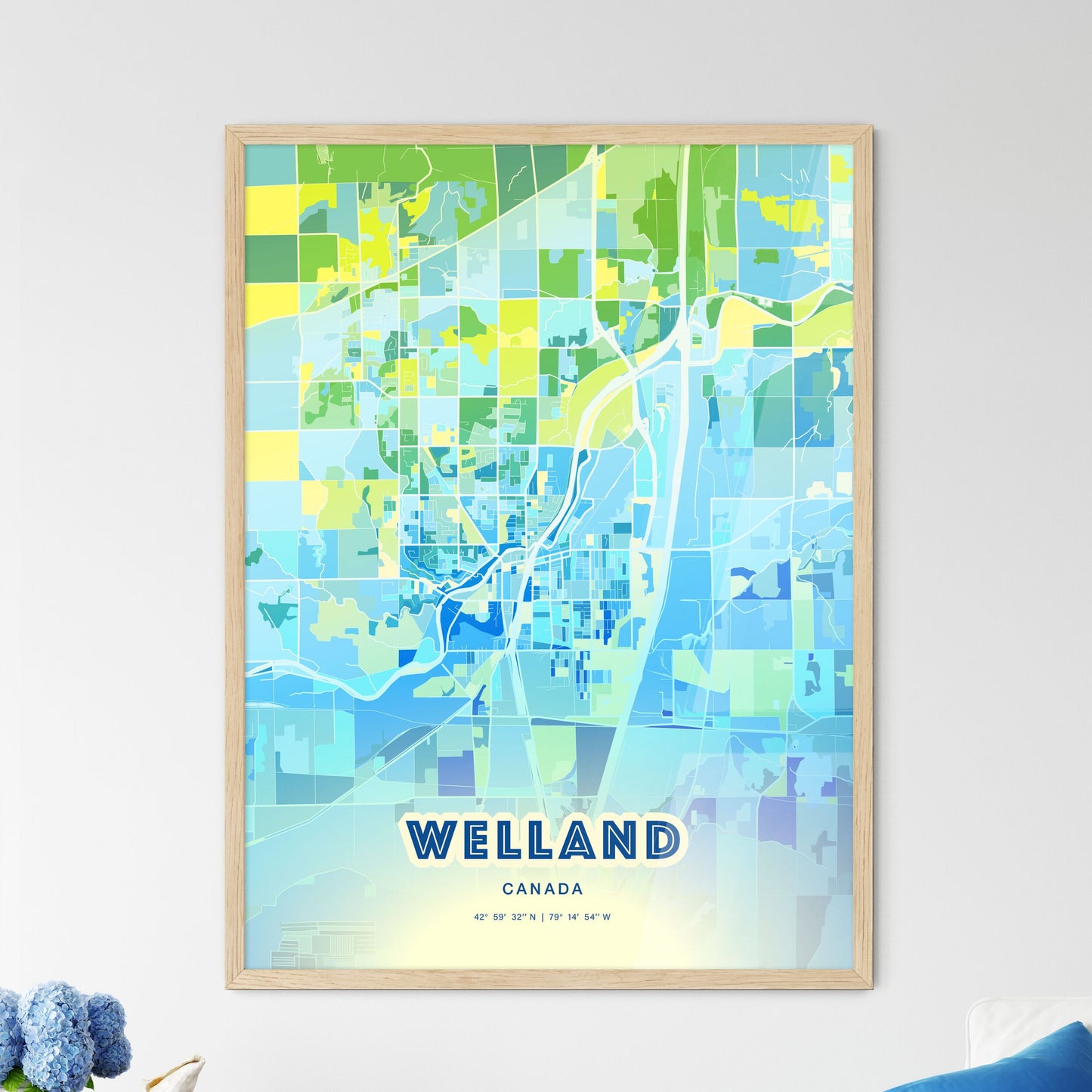 Colorful WELLAND CANADA Fine Art Map Cool Blue